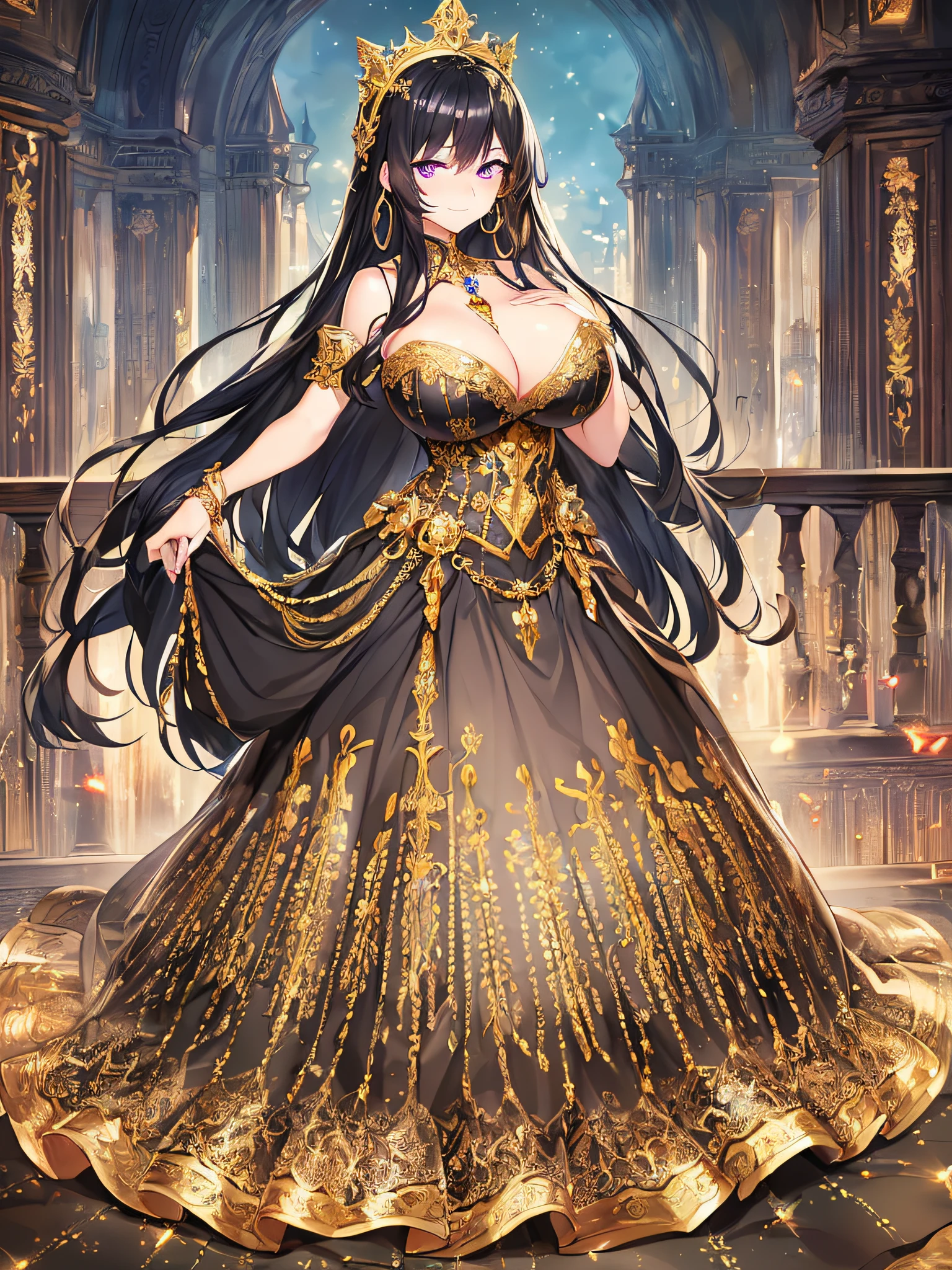 ((anime artstyle)),(Masterpiece),(Best Quality),(Super Detail),(Very Delicate and Beautiful),Solo,((full body)),((standing in the balcony,Overlooking a detailed night view,outdoor)),(from above),BlingBling,((1 arrogant princess in beautiful embroidery black and gold gorgeous rococo ballgown with voluminous full length hoop skirt)),(crinoline),gorgeousfull embroidery,Long train,((arrogant,haughty)),((arrogant smile)),Sharp eyes,(gorgeous gemstone jewelry),detailed face and eyes,jewel-like eyes,Purple eyes,(Bangs between eyes),((large amount of straight hair,extremely Long voluminous black Hair)),((gigantic tits,Long tits)),gorgeousfull embroidery,cleavage,extremely gorgeousfull hair ornament,(bling-bling extremely gorgeousfull jeweled tiara),gorgeous corsage,(Dynamic Angle),Looking at viewer,((full body)),outdoor,flowers,((beautiful embroidery and glitter jeweled black and gold gorgeous rococo ballgown with voluminous full length hoop skirt))