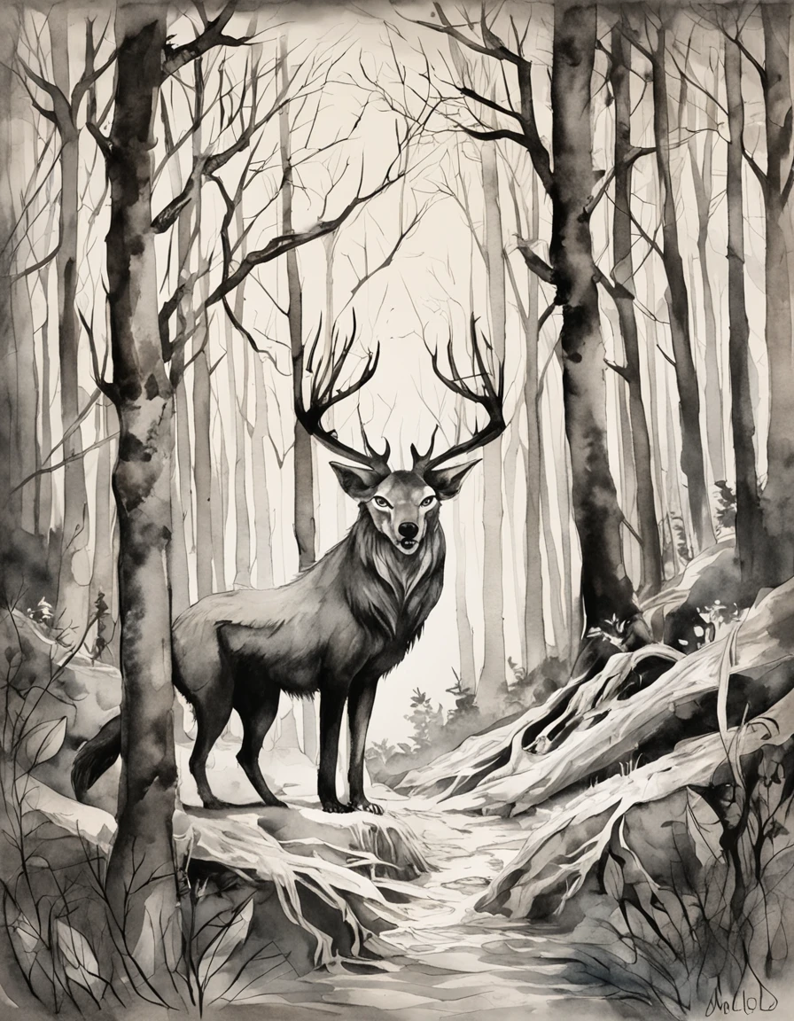 Um lobo selvagem, his fierce and indomitable behavior, rondando uma floresta iluminada pela lua. The atmosphere is tinged with a sinister bluish glow, projetando sombras alongadas enquanto o lobo se move discretamente. The forest is rendered in a surrealist style, with trees taking on unusual shapes and twisted branches. The inspiration for this image can be drawn from the works of artists such as Salvador Dali and H.r. Giger. The image should be a digital illustration that mixes the natural traits of the wolf with a touch of otherworldly elements. Use a fisheye camera lens to capture the distorted perspective of the forest, Adding to the surreal feel. Lighting should focus on the cold glow of the moon, Creating a dreamlike and mysterious environment.