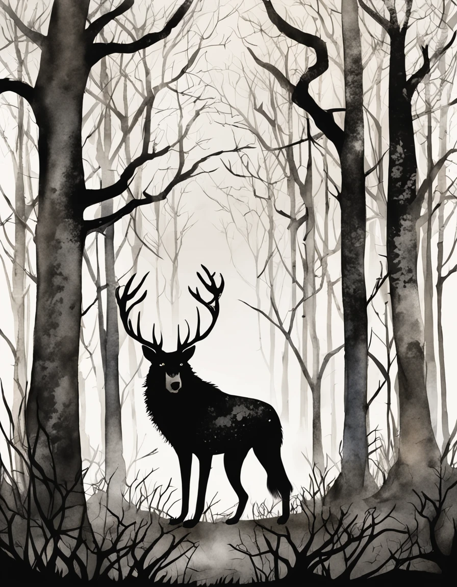 Um lobo selvagem, his fierce and indomitable behavior, rondando uma floresta iluminada pela lua. The atmosphere is tinged with a sinister bluish glow, projetando sombras alongadas enquanto o lobo se move discretamente. The forest is rendered in a surrealist style, with trees taking on unusual shapes and twisted branches. The inspiration for this image can be drawn from the works of artists such as Salvador Dali and H.r. Giger. The image should be a digital illustration that mixes the natural traits of the wolf with a touch of otherworldly elements. Use a fisheye camera lens to capture the distorted perspective of the forest, Adding to the surreal feel. Lighting should focus on the cold glow of the moon, Creating a dreamlike and mysterious environment.
