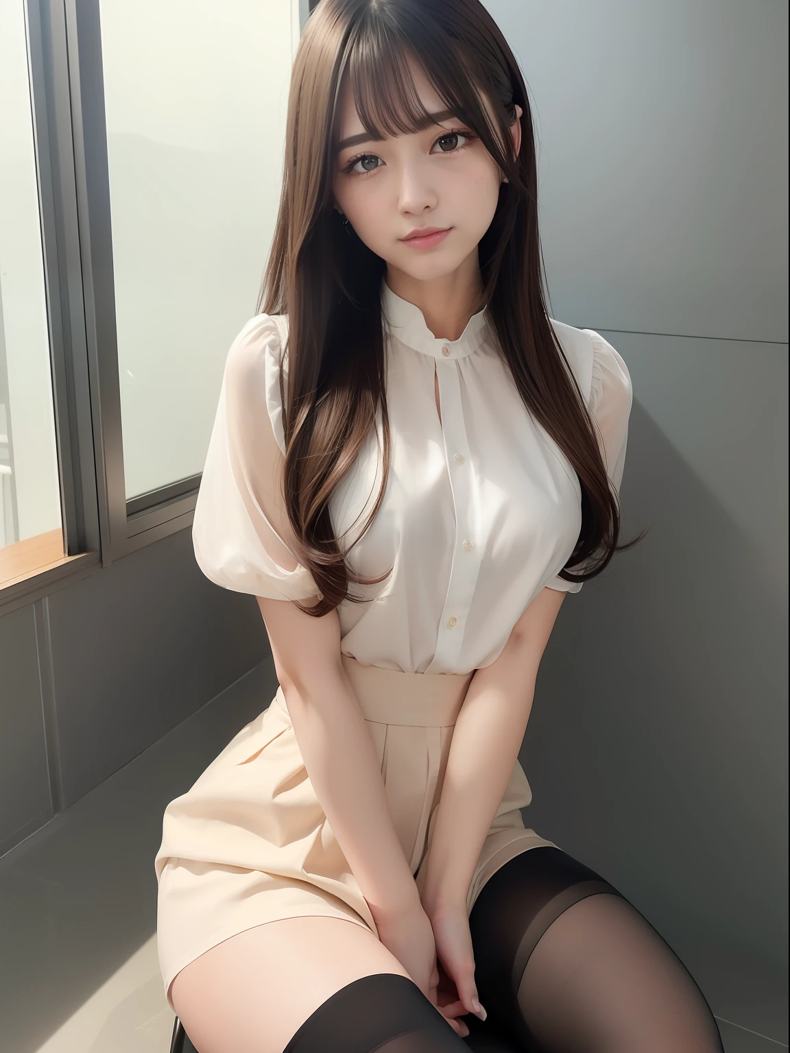 One girl sitting on a chair in office、top-quality、Beautiful fece、Beautiful fece、Stylish details、nffsw、Unity、8k wallpaper、magnifica、Stylish details、Beautiful fece、top-quality、Official art、Detailed AJC Unity 8K Wallpapers、absurderes、unholy、unbelievable Ridiculous、huge filesize、A highly detailed、Girl with beautiful details、extremely detailed eye and face、beautidful eyes、Brown eyes、(Raw photography、top-quality)、(真实感、真实感:1.3)、Light on the Face、1 girl in、full body Esbian、The whole body is reflected、Beautiful fingertips、Blouse with short sleeves、selphie、selfee、fully body photo、(Business suits、a secretary、Gentleman's clothes、pantyhose、Office Coordination、real face、tight skirts)、(dark brown hair:1)、Lightly curls the long hair under the chest、Puffy eyes、tiny chest、breasts are small、breasts are modest,、A slender、bangss、(background against the wall)、(relax)、Doing work、looking at the spectator、Facing the wall forward、With a smile、Cool、Reflected up to the toes、Even the toes wearing stockings are reflected、