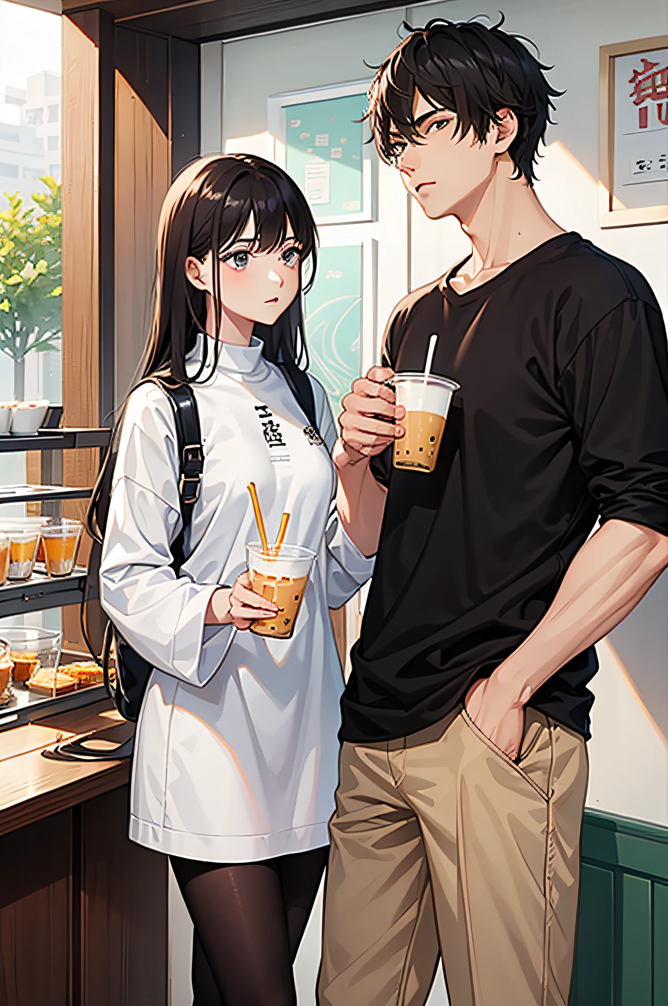 a young man and a woman,two guys,Milk tea shop,cool guy,Beautuful Women,holding milk tea in hand,Anxious look,Eagerly,high qulity,High Picture Quality
