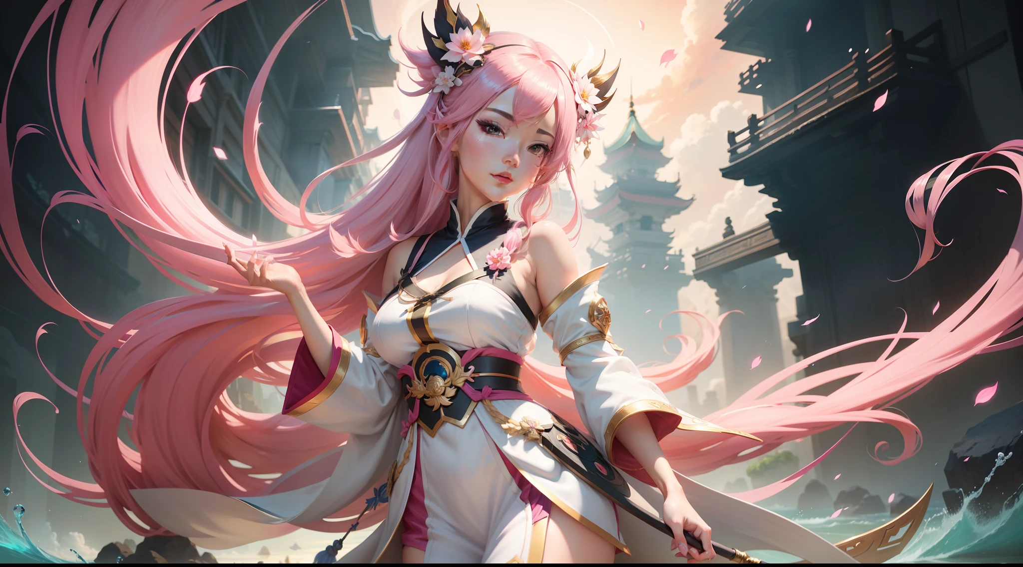 Anime girl with pink hair and white dress, Onmyoji detailed art, Inspired by Lan Ying, heise jinyao, Artgerm on ArtStation Pixiv, Kushatt Krenz Key Art Women, Artgerm Plat, onmyoji, queen of the sea mu yanling, Beautiful celestial mage, Extremely detailed Artgerm