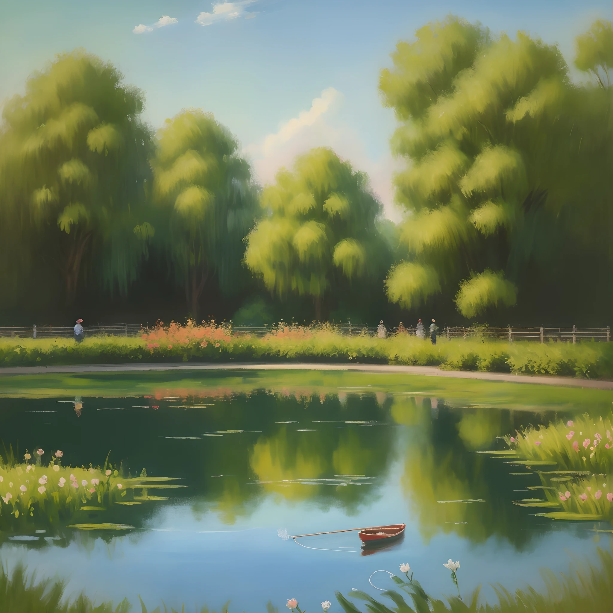 Oil painting in Monet's style，North Dock Park，There are people fishing by the pond，Three iso fishing rods