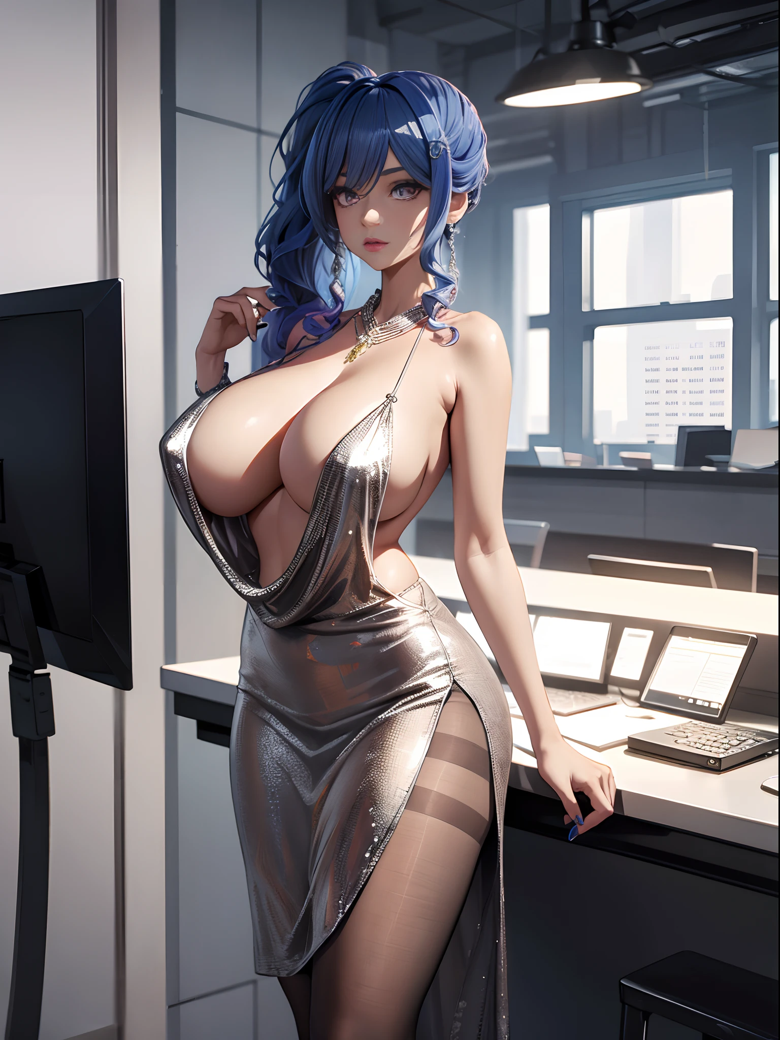 absurdres, 8k ,highres, ultra detailed, beautiful, masterpiece, best quality, (beautiful detailed silver eyes), (1girl) ,A sexy beautiful young woman working as an office OL (office lady),a white button-up shirt with a collar,black slit skirt,(black pantyhose),long legs ,detailed legs,high heels,side ponytail , bangs,full body,big breasts,cleavage,