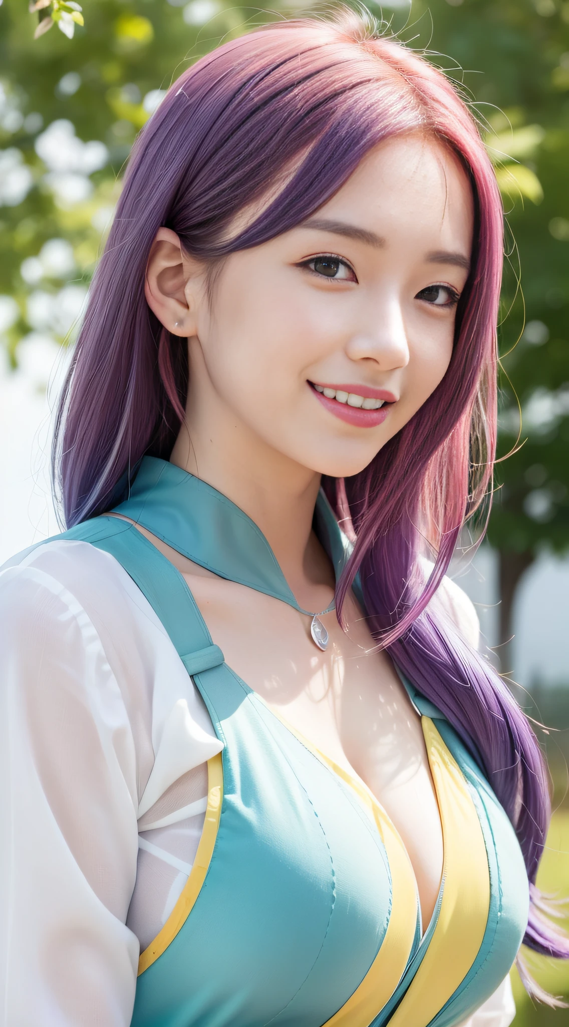 masuter piece, Highest Quality, Illustration, ultra-detailliert, High-resolution CG, Dynamic angles, Floating feeling, bright blue eyes, Multi-colored hair(silber hair:1.3, Red-haired:1.2, Purple hair, Yellow hair:1.3, Green hair:1.3), White kimono, Neck ribbon, Beautiful facial features, There are a lot of water droplets, clouds, evening, Wide Scene, Watercolor wind, Smile Face