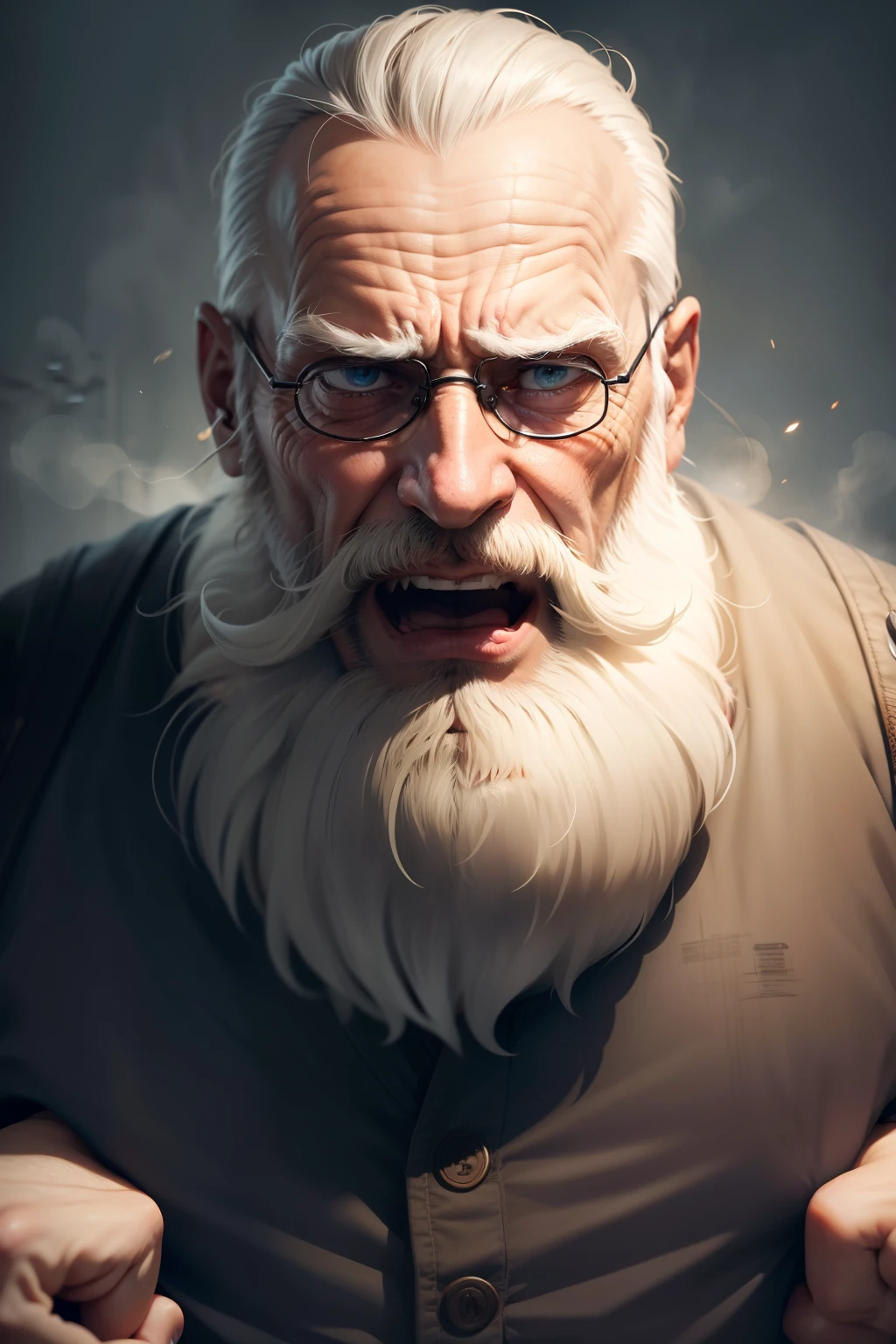 a old man with bushy beards, with a stressed expression, screaming, sensed held by prison guards in an electric chair