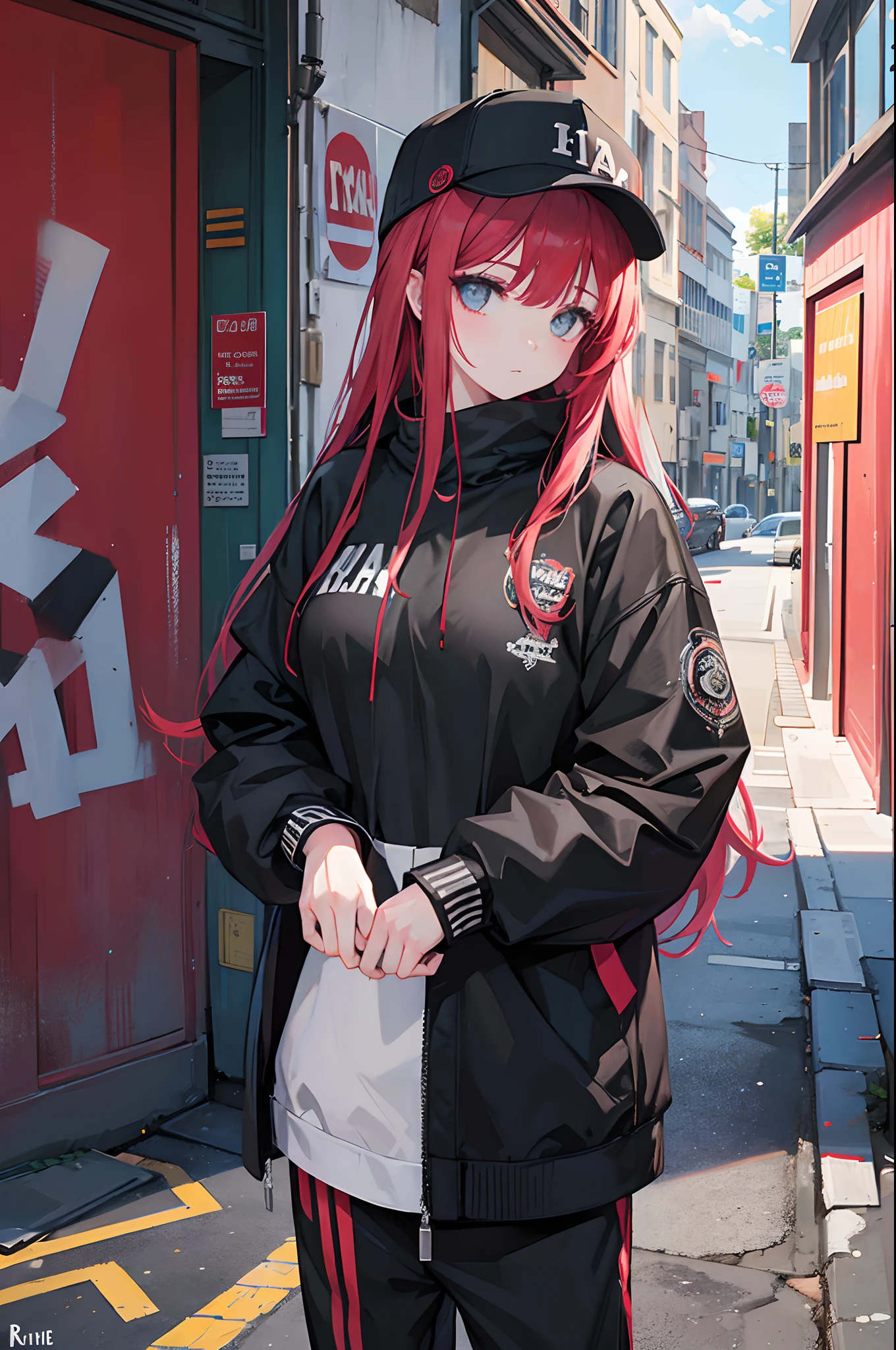 (La mejor calidad) (obra maestra ) estilo de dibujos animados. A beautiful young woman with an urban look of heavy-punk-metal-rap aesthetic, It seems to be of Spanish origin and has a lot of time, cabello rojo algo rizado. En una calle en un suburbio de una gran ciudad, There is a beat-up car behind to the woman's right and a wall with strange graffiti on her left.... Photoshop-fantasy