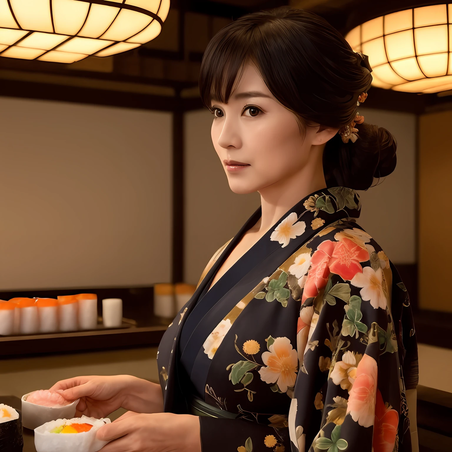 ((masterpiece, Best Quality)), 32K HDR, hight resolution, Detailed face, Detailed texture, finely detailed skin, Sharp Focus, (Perfect slim body:1.1), (Cinematic lighting), Soft lighting, Dynamic Angle, 1girl in, (Ultra-realistic photos of beautiful mature Japanese female:1.35, 50age:1.3, perfect figure:1.1), Solo, Black hair, (beautiful Kimono:1.2, Chignon hair:1.15, standing in realistic Japanese Sushi bar:1.3), (exposed huge cleavage from Kimono:1.2),