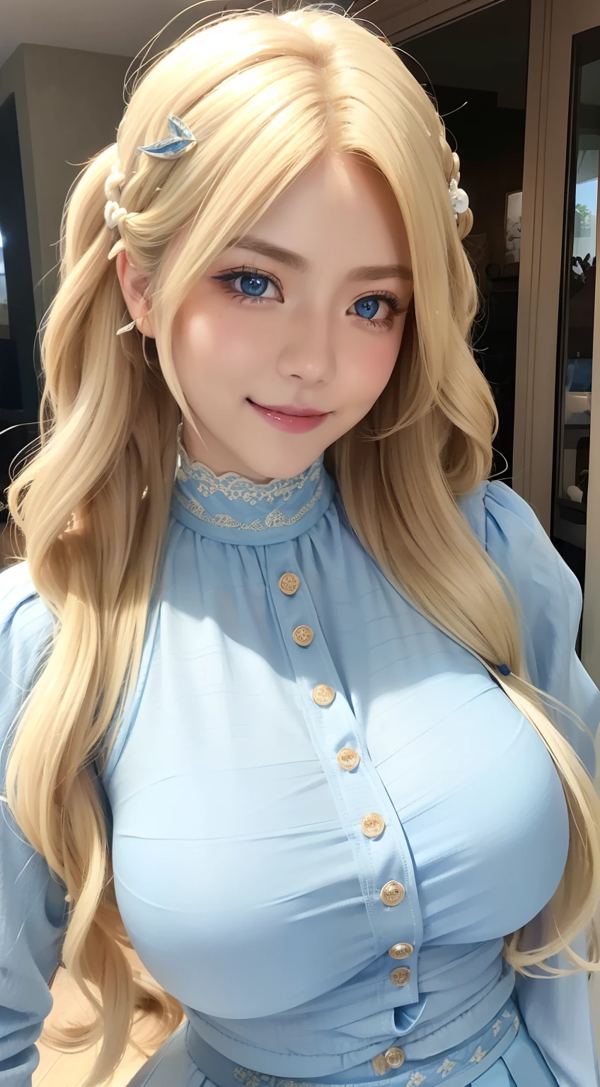 Female((35yo)), Hair((Wavy, Blonde)), Eyes((Smart eyes, Blue eyes)), clothes((High neck clothes, Pattern, cream-colored)), Accessories ((Hair ornaments)), pony tails, Bigboobs, gigantic cleavage breasts, Korean makeup, Smiling, An amusement park, fountain,