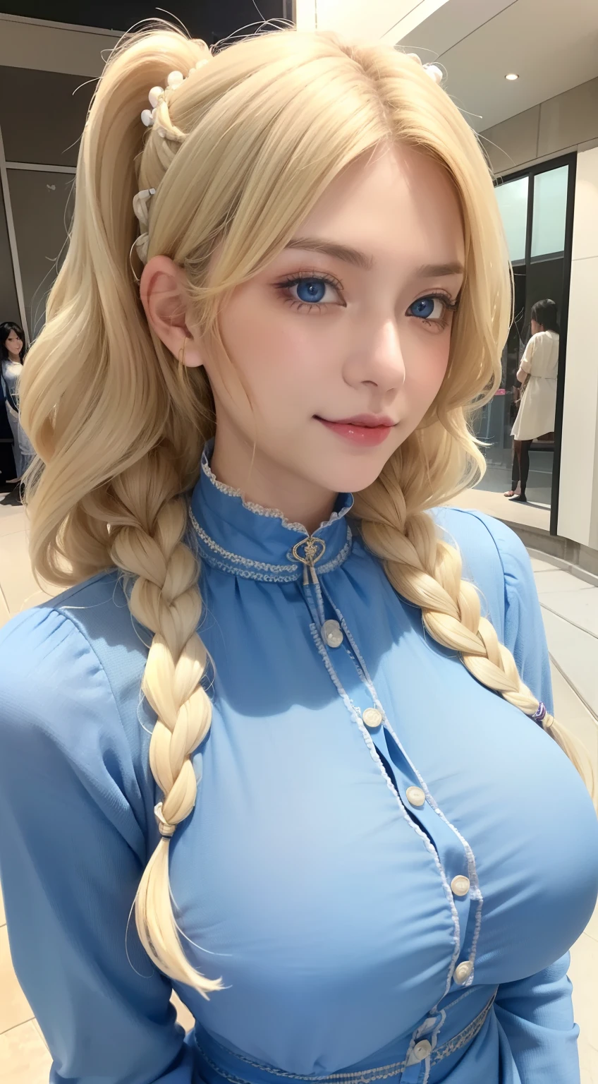 Female((35yo)), Hair((Wavy, Blonde)), Eyes((Smart eyes, Blue eyes)), clothes((High neck clothes, Pattern, cream-colored)), Accessories ((Hair ornaments)), pony tails, Bigboobs, gigantic cleavage breasts, Korean makeup, Smiling, An amusement park, fountain,
