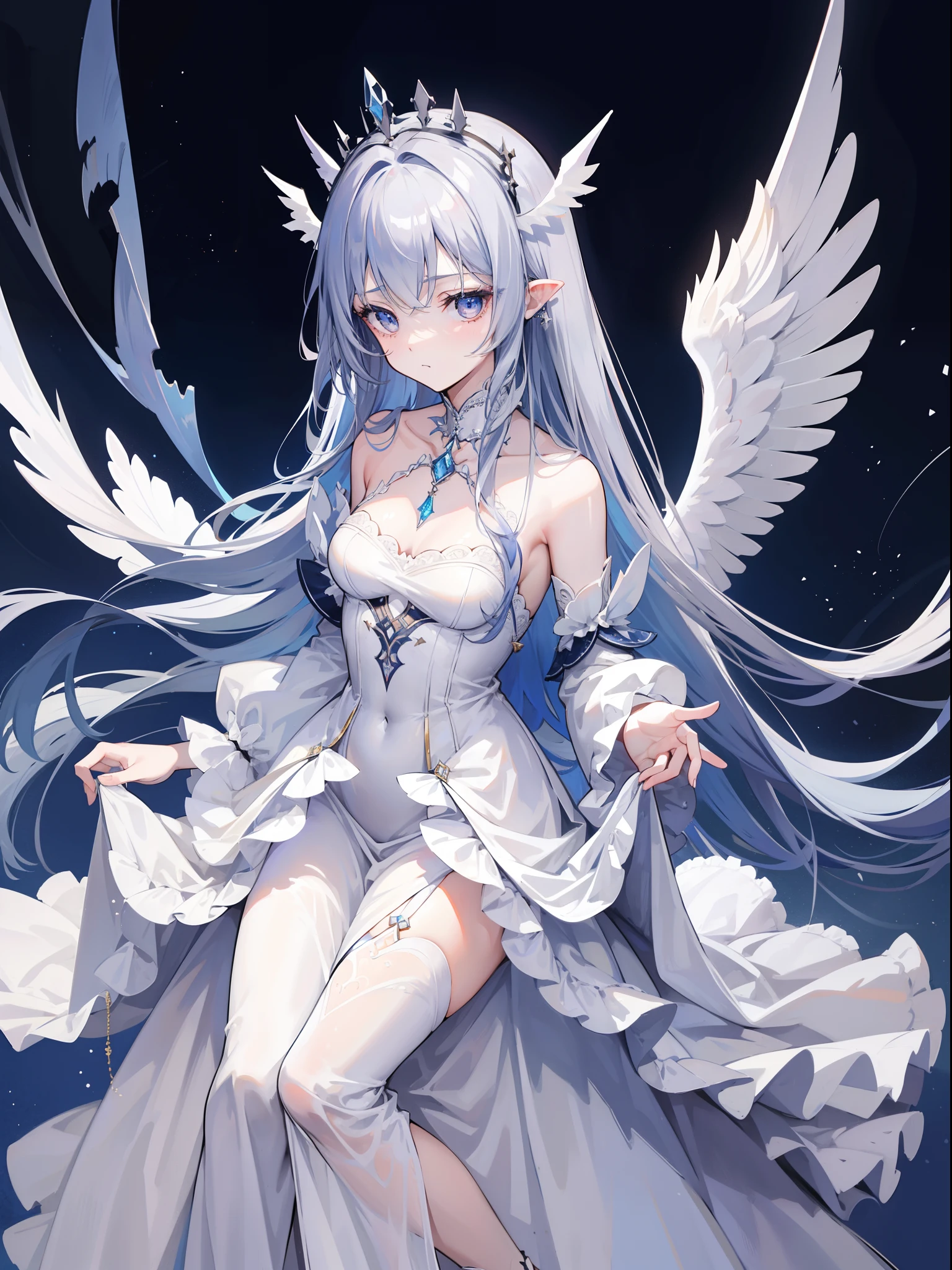 1girl, 164 cm height, charismatic, navy colored hair, very long hair, pretty, sadist expression, careless, psychopath, perspective, white silver eyes, light particles, wallpaper, princess crown, white long bride clothes, long clothes longs skirt, fallen angel, broken angel wings, ripper wings, scratch, small wound,diamond pendant, standing, light crown,