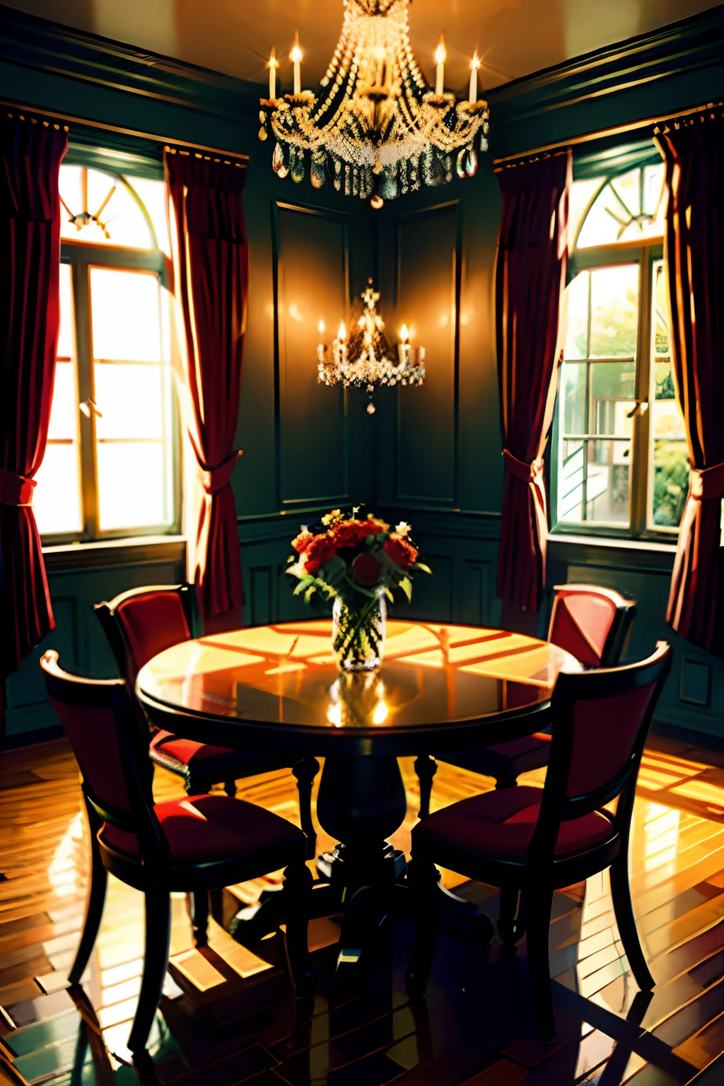 Guns and roses on the table of an empty room with a chandelier on the ceiling of the room and money scattered on the floor
