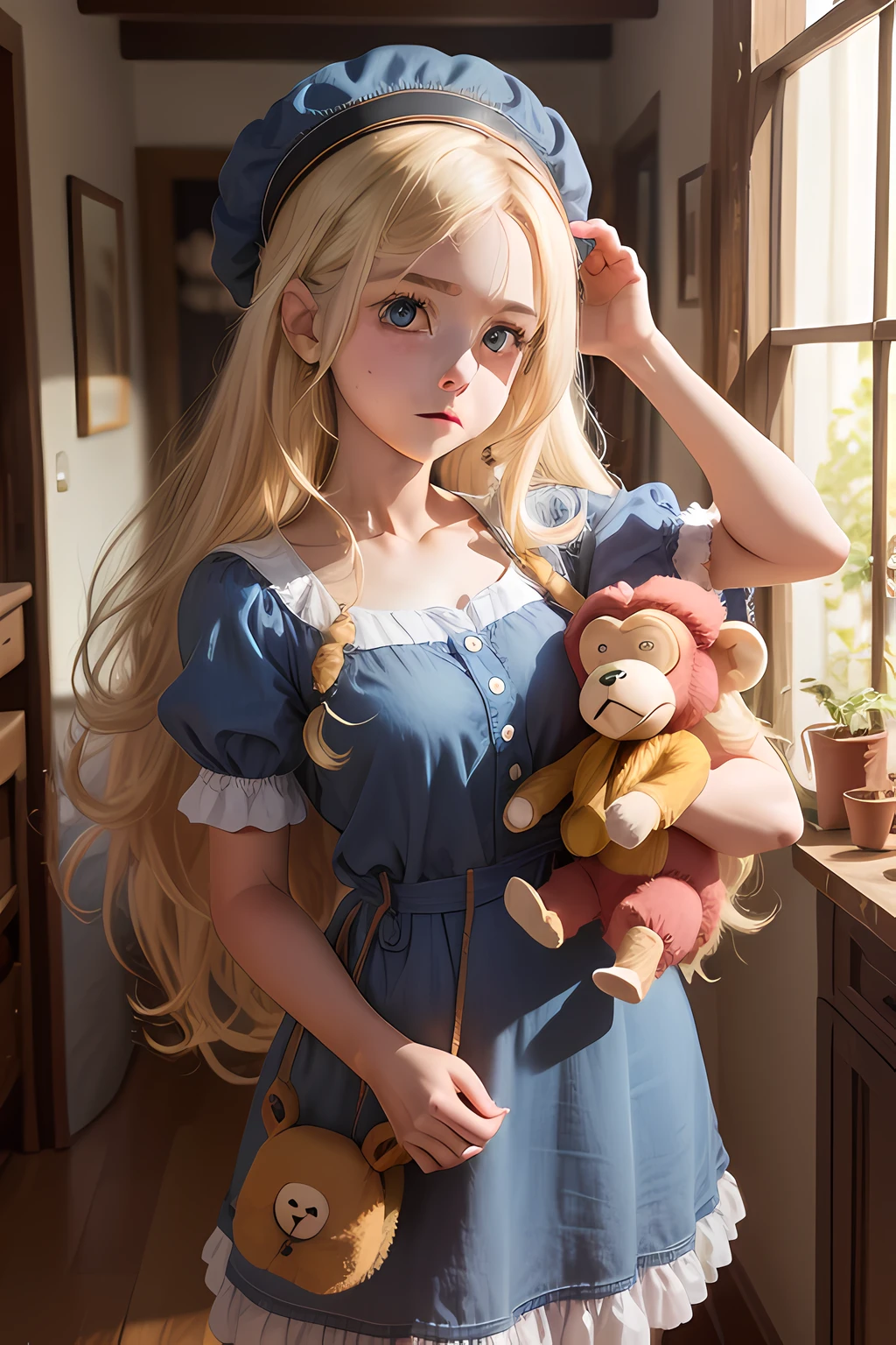 menina americana fofa, cabelos longos loira, blonde, olhos azuis, With an expression of surprise, feliz, usando um vestido rosa com azul, with his stuffed monkey in his hand, em uma loja de artesanato