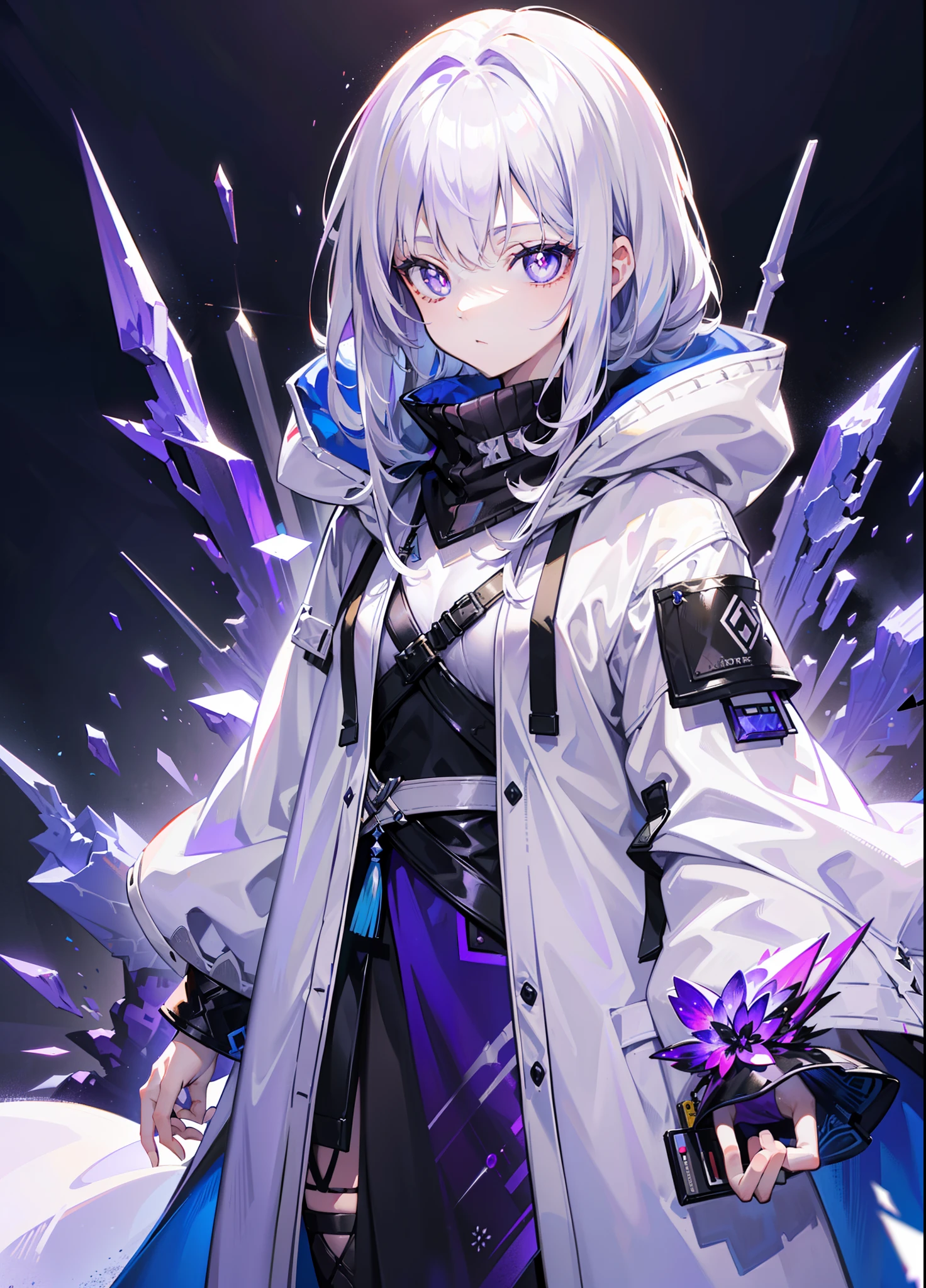 (tmasterpiece,best qualtiy,style of anime,a sense of atmosphere，higher details，cg render，Standing painting，Ray traching，From Arknights，sci-fy)(whaite hair，long  white hair，Purple pupils，White hooded cape，Cover the whole body，Non-juveniles)（The background is a huge purple space）(There are purple crystals around)