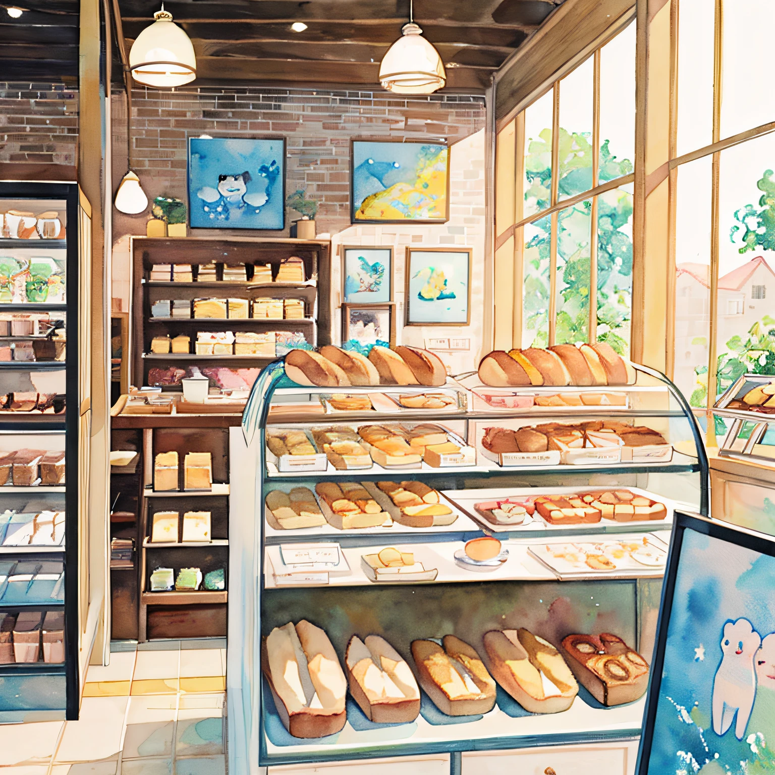 (pastelcolor:1.3)、(cute illustration:1.3)、(watercolor paiting:1.1)、
Detailed background、1 bear in、mouth open smile、beautiful with detail、moya、extremely colorful、marbled、Particles of Light、patterns、
Detailed drawing、Vibrant colors、Striking contrast、intricately details、Delicate depiction、glowing、full body Esbian、From the side、Beautiful facial features、Brightly Colored Eyes、Wear intricate and delicate ornaments、Glowing aura、Radiant hair,Illuminated by the morning light、a pixie cut、Yellow and light blue、croissant、wands、Brown hair、baker shop、baker shop、Racks full of bread、Bear ears、white backgrounid、Sit down and look up