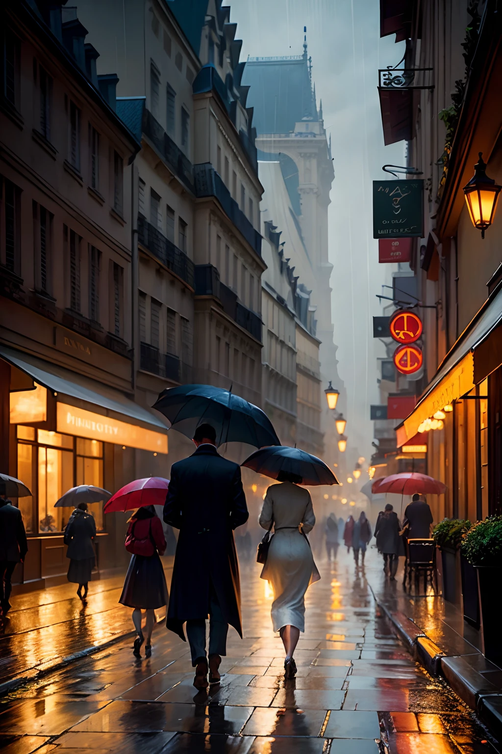 Impressionism painting, ultra-detailed, people walking down a street with umbrellas, late summer, light rain, Paris streets, street cafes, volumetric fog, summer morning light, morning glow, by Brent Heighton, tonalism, chiaroscuro, Arthur Streeton --auto
