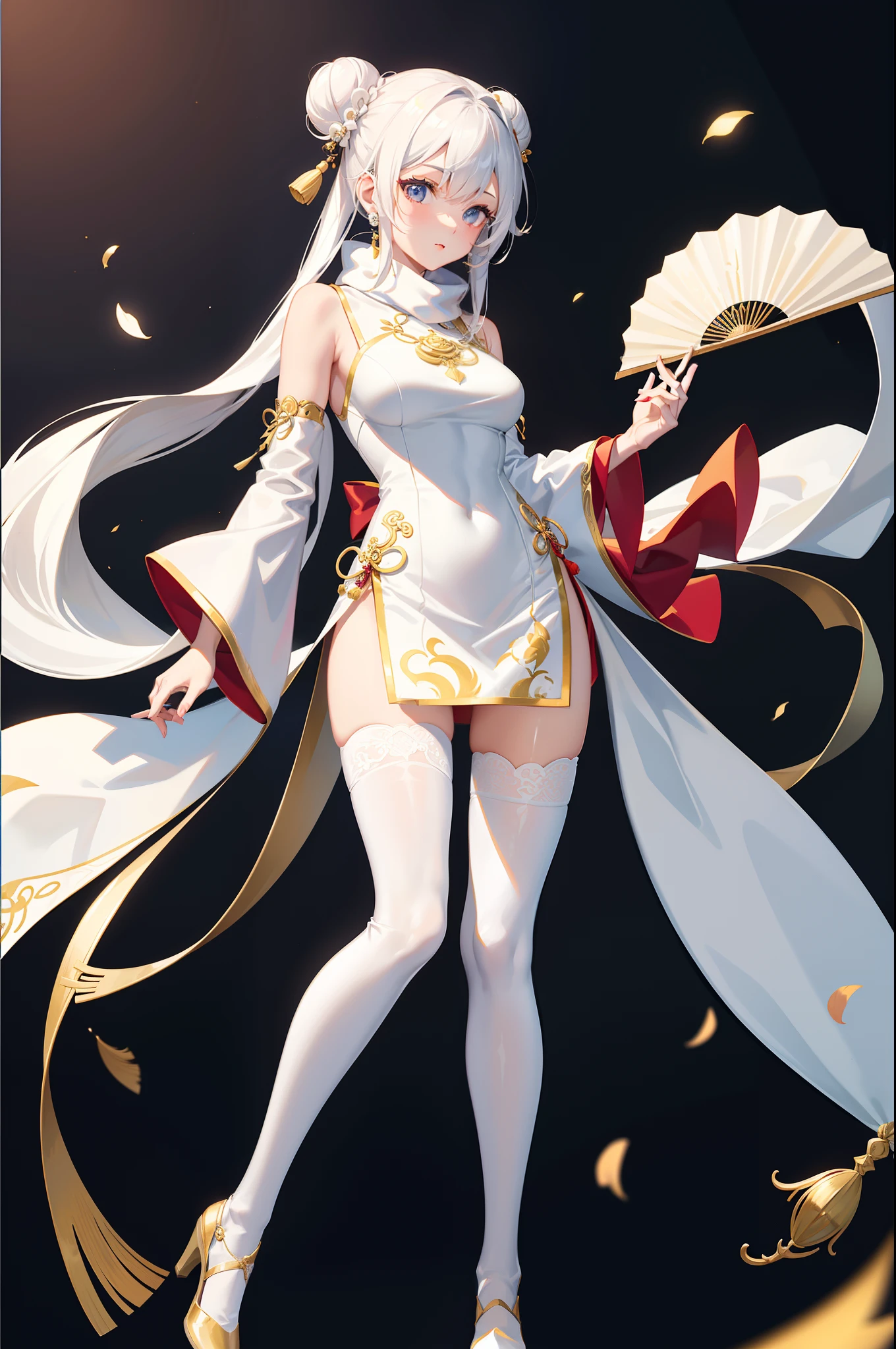 feamle idol, chinese dress, perfect body shape, holding a fan, white silk, mink scarf, hair bun, white legging