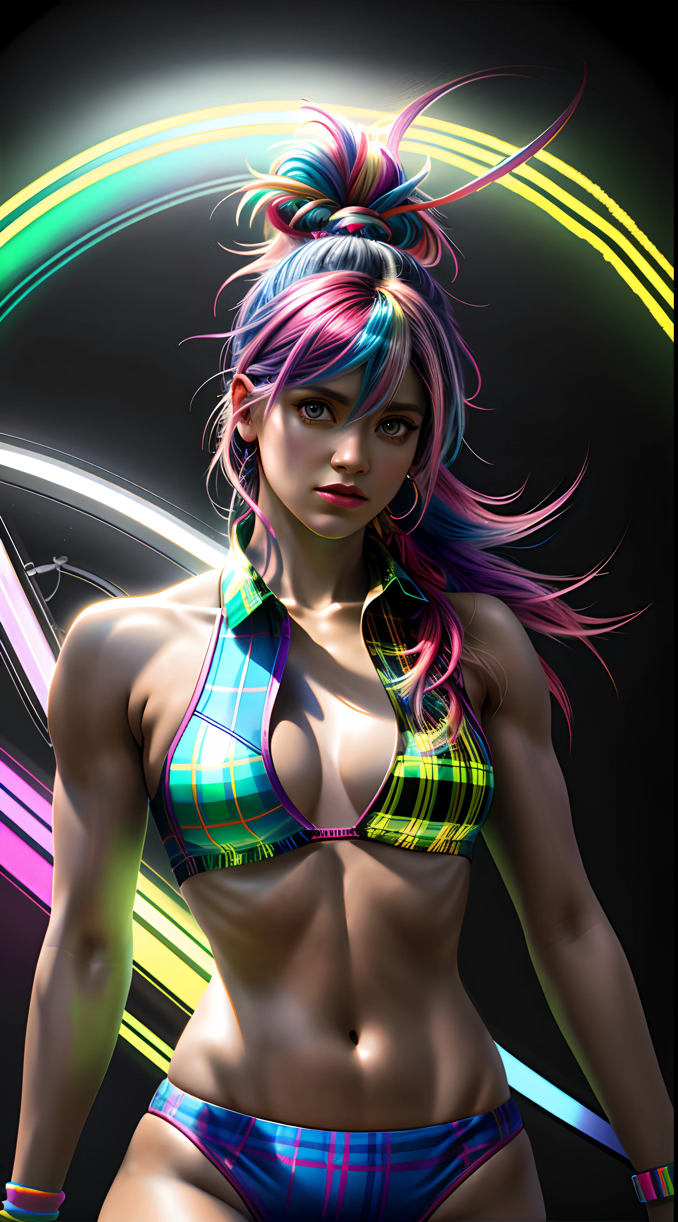 Neon in rainbow hair, (((tartan))), pintura fotorrealista ((Complete athletic body)), camelo, retrato da mulher, intrincado, 8k, altamente detalhado, Volumetric lighting, pintura digital, Sharp and intense focus, arte por Artgerm e Rutkowski e Alphonse mucha, CGSetnation