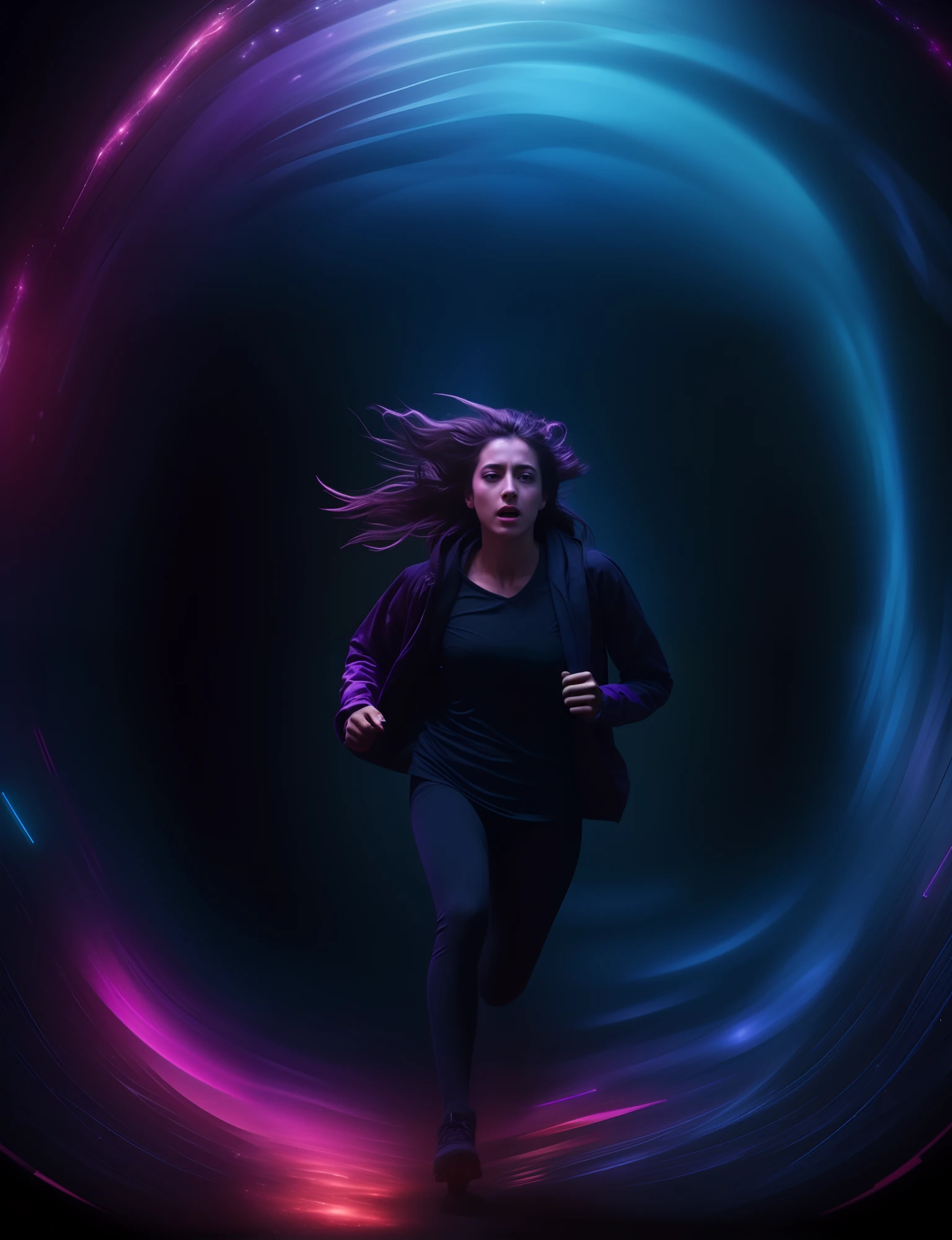 A woman running inside a cosmic dimensional tunnel, roupas esfarrapadas e sujas, fractal, Traces of neon, sussurros, detalhes intrincados, highes definition, fotografia premiada, fiction art, cinemactic, 8k