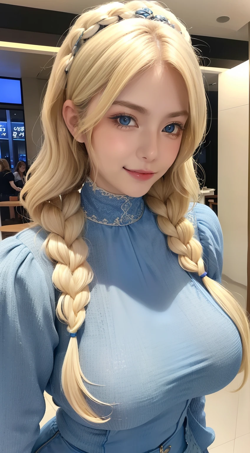 Female((35yo)), Hair((Wavy, Blonde)), Eyes((Smart eyes, Blue eyes)), clothes((High neck clothes, Pattern, cream-colored)), Accessories ((Hair ornaments)), pony tails, Bigboobs, gigantic cleavage breasts, Korean makeup, Smiling, An amusement park, fountain,