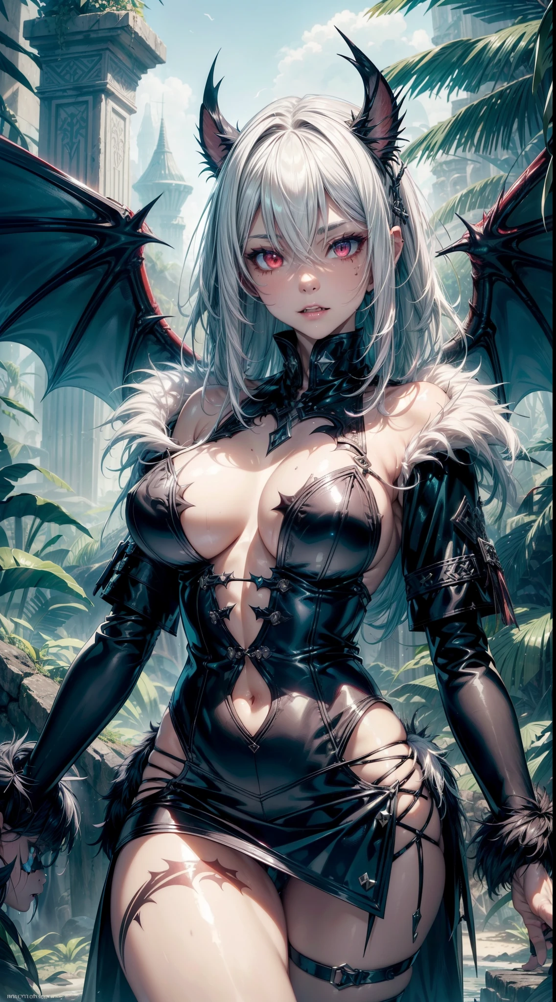 realistic photo of slaved (savage, tribal, jungle)_vampire with (white hair), bat fur, coat|2wings, ((fangs)), colorful extremely_detailed_(tribal, jungle)_tight_(lacy, leather, fur, silk, satin, latex)_(clothing, skirt), high collar, detailed face, detailed beautiful shiny red eyes, slit pupils, metallic reflections, ((tatooed, marked)_with_shining_runes)_fit_muscular_body, shiny skin, tropical city ruins fog, 1girl, natural breasts, medium length white hair, masterpiece, best quality, beautiful and aesthetic:1.2, fractal art:1.4