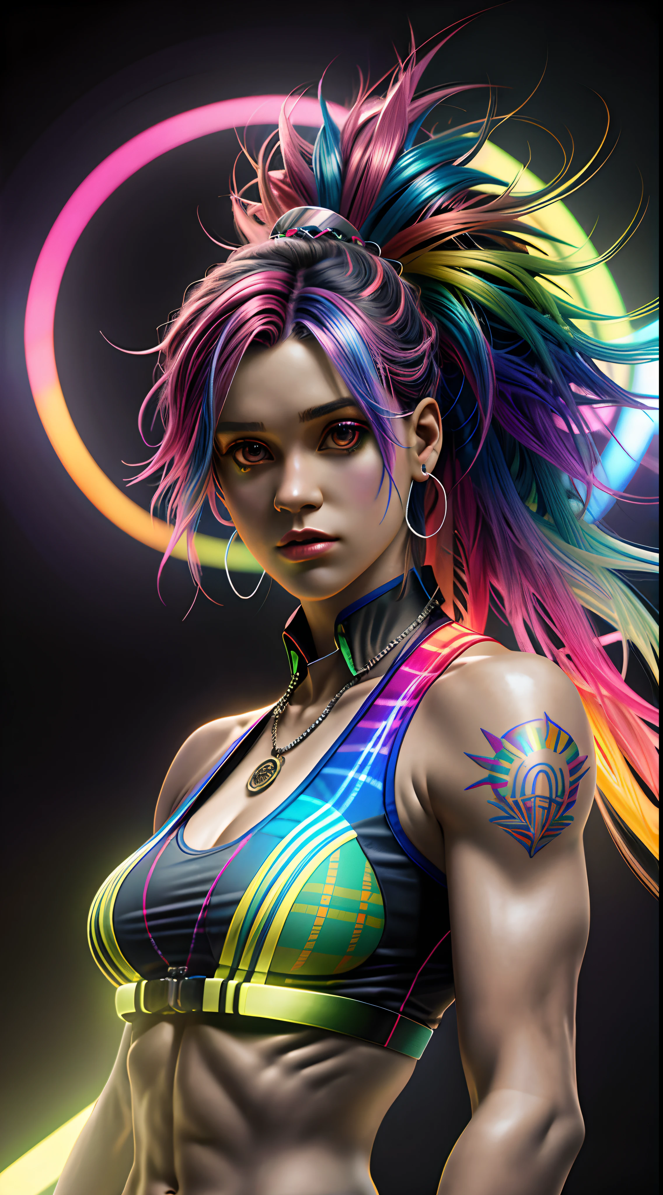Neon in rainbow hair, (((tartan))), pintura fotorrealista ((Complete athletic body)), camelo, retrato da mulher, intrincado, 8k, altamente detalhado, Volumetric lighting, pintura digital, Sharp and intense focus, arte por Artgerm e Rutkowski e Alphonse mucha, CGSetnation
