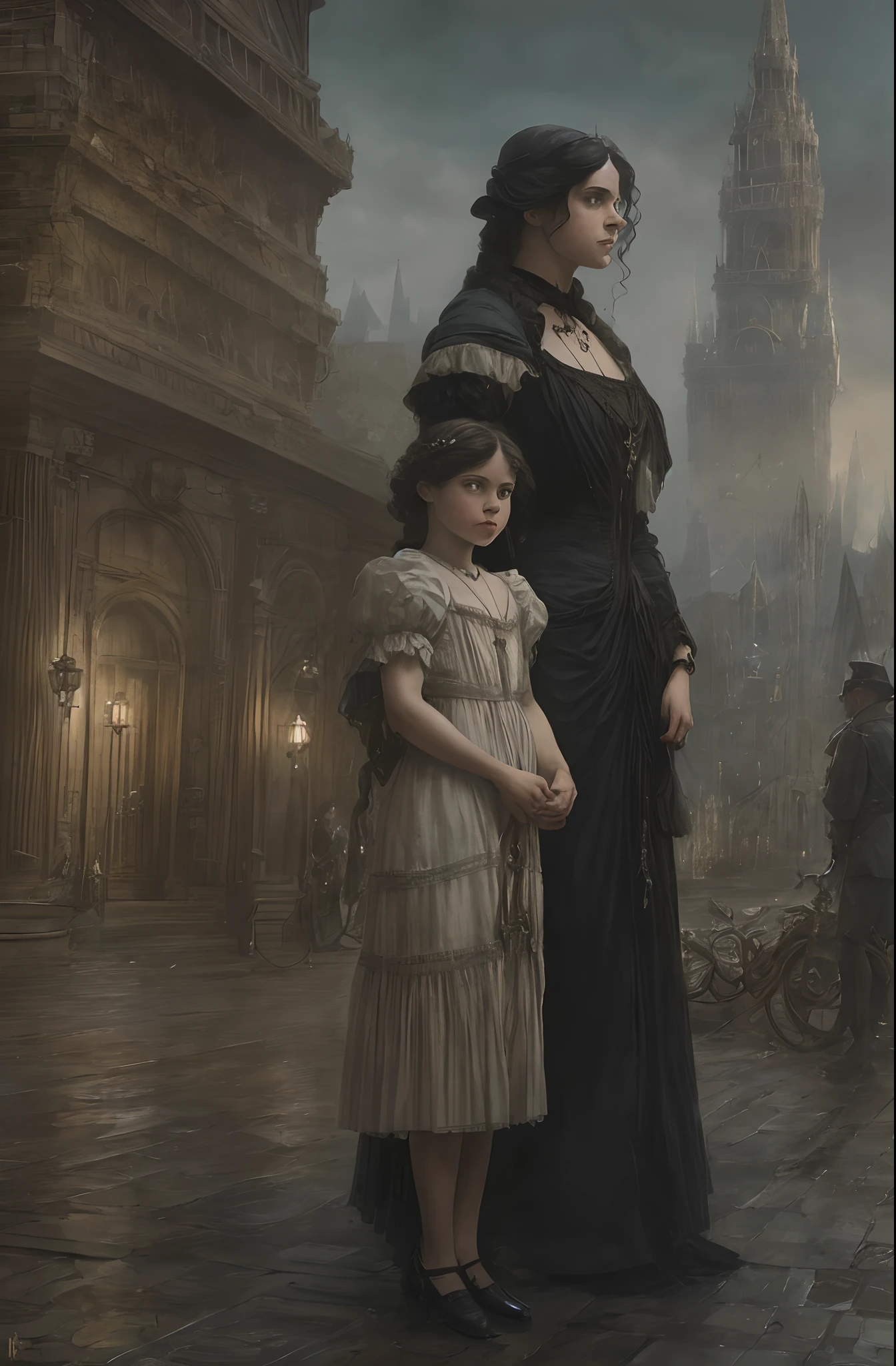 The little girl is dressed in a Victorian sundress. She is crying. In the background stands a tall woman in a black big victorian ball dress and with black hair. They are standing in the russian gray modern city. There is night behind them. Dark aesthetic, style of Greg Rutkowski, highly detailed symmetrical painting by gaston bussiere, craig mullins, j. c. leyendecker, alphonse mucha. cinematic epic + rule of thirds. cinematic composition. concept art. ultra wide angle. 35mm. 8 k, masterpiece, best quality, highres, see-through