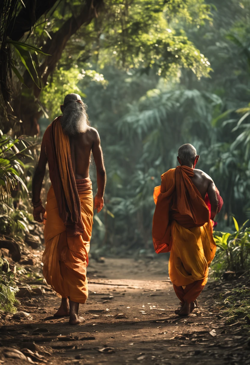 "Indian Sadhu and student walking in a serene jungle with lush greenery, capturing the spiritual essence and tranquility of the scene."