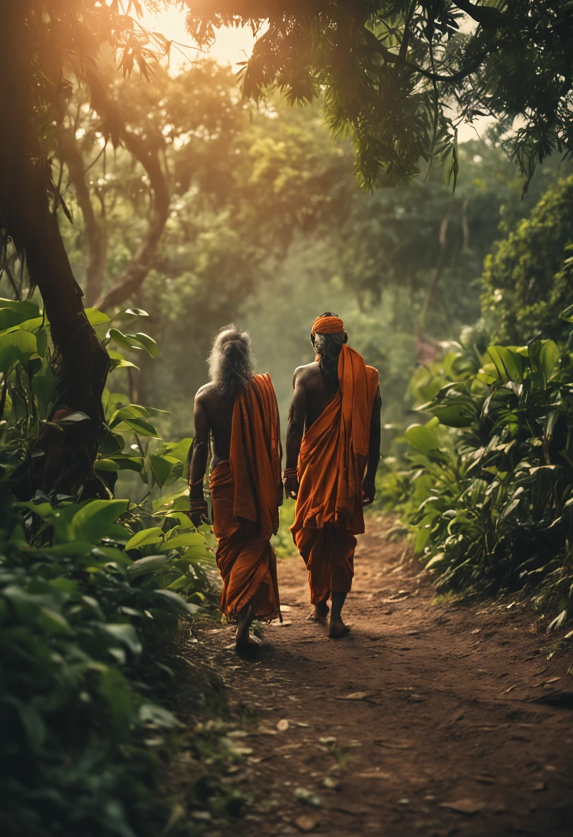 "Indian Sadhu and student walking in a serene jungle with lush greenery, capturing the spiritual essence and tranquility of the scene."