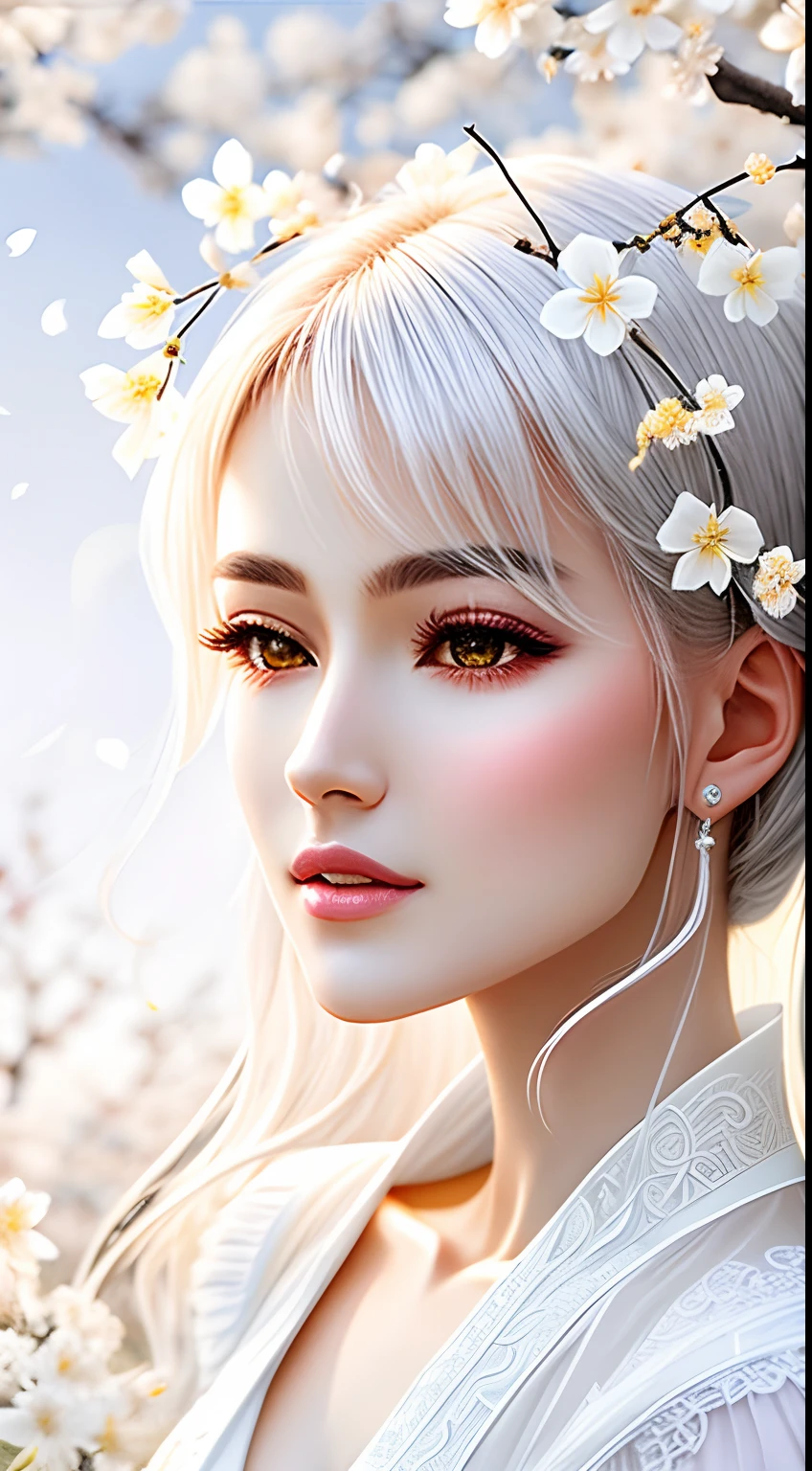 A bouquet of white plum blossoms, ultra-transparent, holy light, beautiful spectral light, dew on petals, twinkle, morning background, transparent droplets, reflected light, bright, light flowing inward, optical, portrait silhouette, sharp focus, magical, intricate, surrealism, fantasy, composition, light, art station trend, pearl, silver patronus cloud pair, caustic surround ray family 16k, ureal ar 23v4 uplight