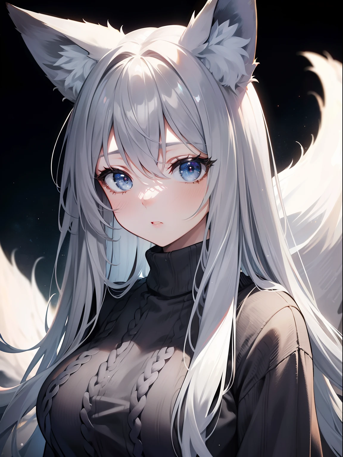 (Masterpiece, Best quality, ultra high resolution, splendid),1girl,fox ears, fox tail, sweater, beautiful and detailed face, detailed eyes,((gray theme))