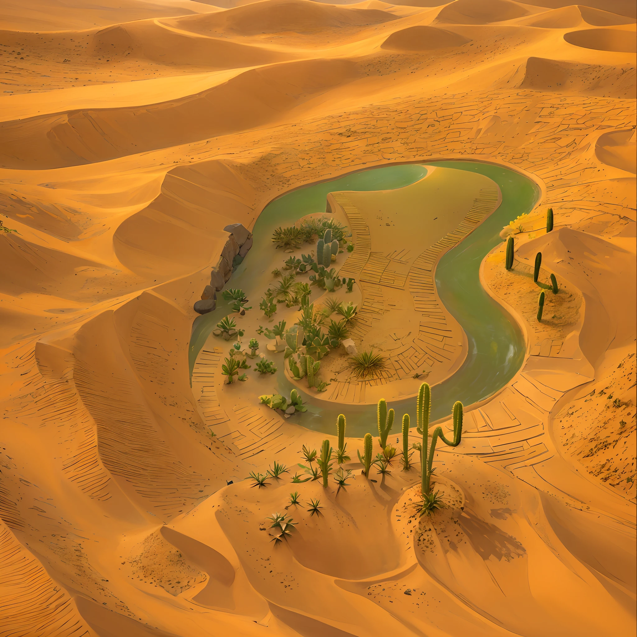 Aerial view from satellite，A desert，sand dune，There is an oasis in the middle of the picture(cacti，aloe，sand dune，lake，tenten，camelstoe)，( reasonable design, Clear lines, High sharpness,best quality, Very detailed, masterpiece, movie lighting effects, 4K ), Ray traching，