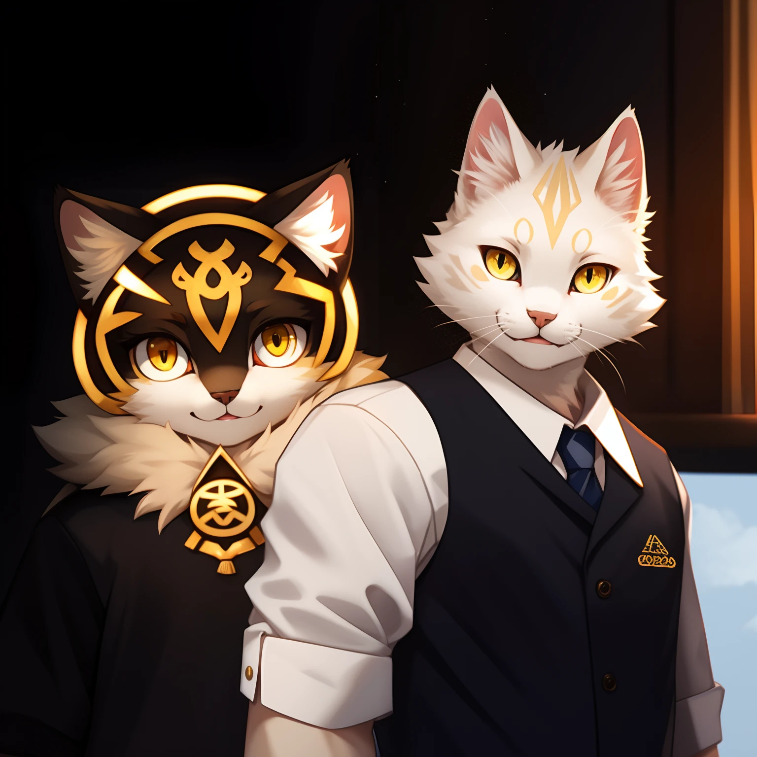 There is a little white kitten holding a golden logo,Face the screen with a cute expression,Yellow eyes,White kitten