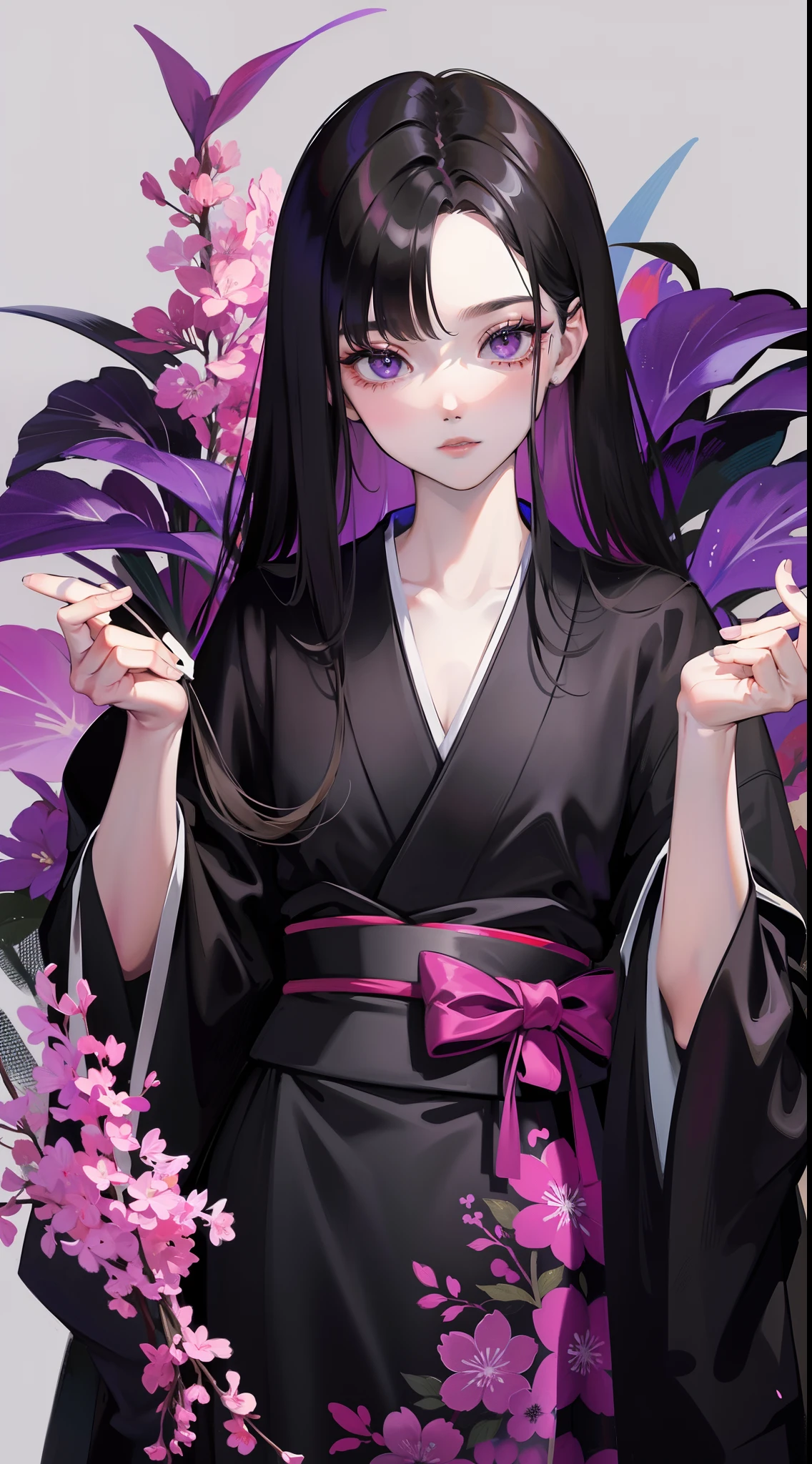 adult man, Long black hair, violet eyes, Thin, black kimono, Masterpiece, hiquality