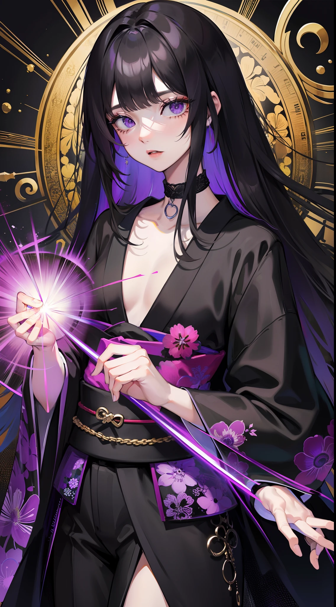adult man, Long black hair, violet eyes, Thin, black kimono, Masterpiece, hiquality