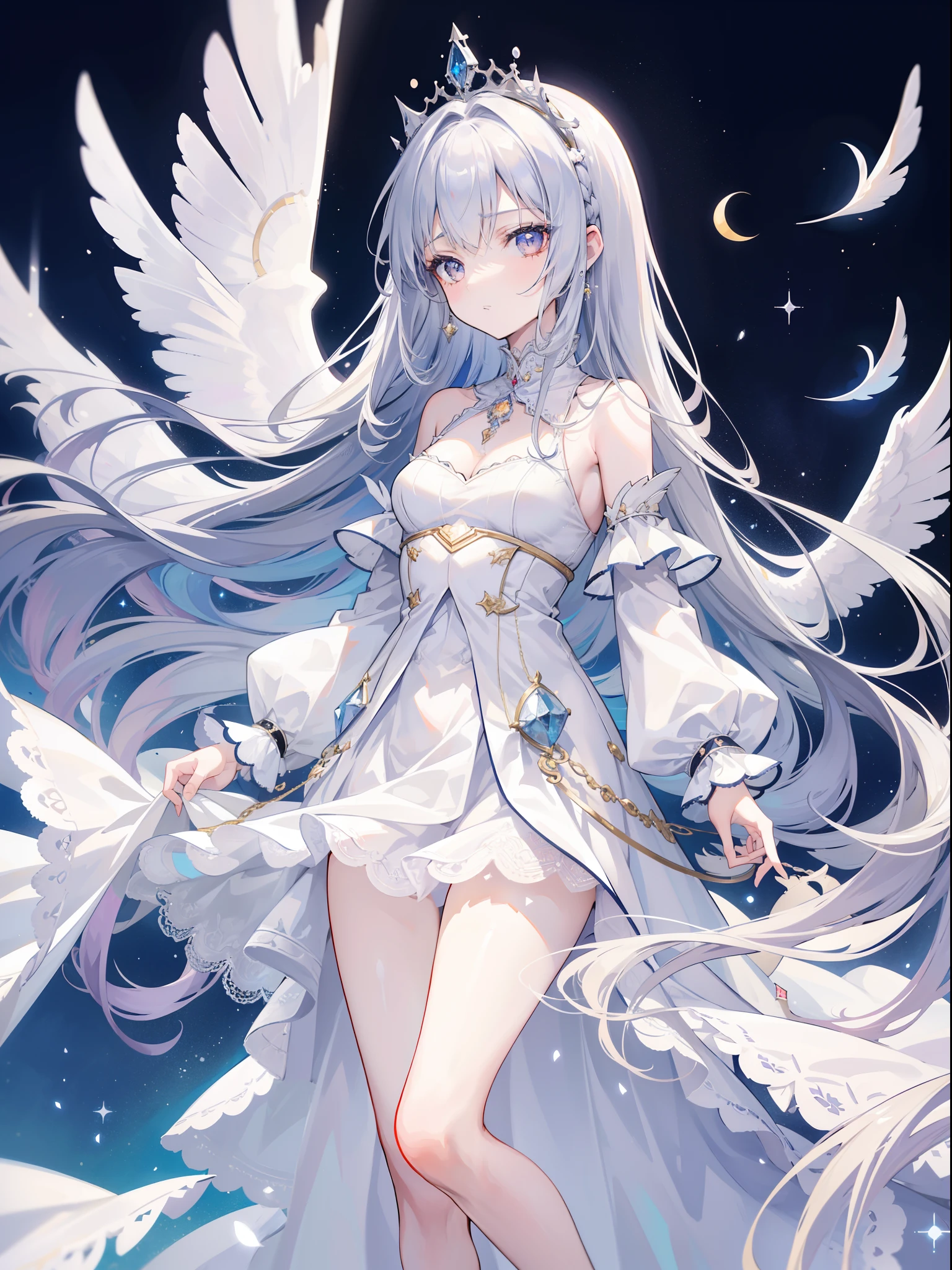 masterpiece, best quality, 1girl, glowing, angel, white hair, long white gown, angelic gown, elegant design, waist sash, jelweries, intricate gown, heavenly gown, long sleeeves, waist sash, angel wings, full lenth skirt, long sleeeves, glowing, yellow eyes, curvy, curly hair, flowing hair, low angle view, cowboy shot, sky background, medium breasts, beautiful sky, clouds, starry sky, angel halo, jelweries, hand on dress, dark blue sky, glowwing:1.2, rainbow