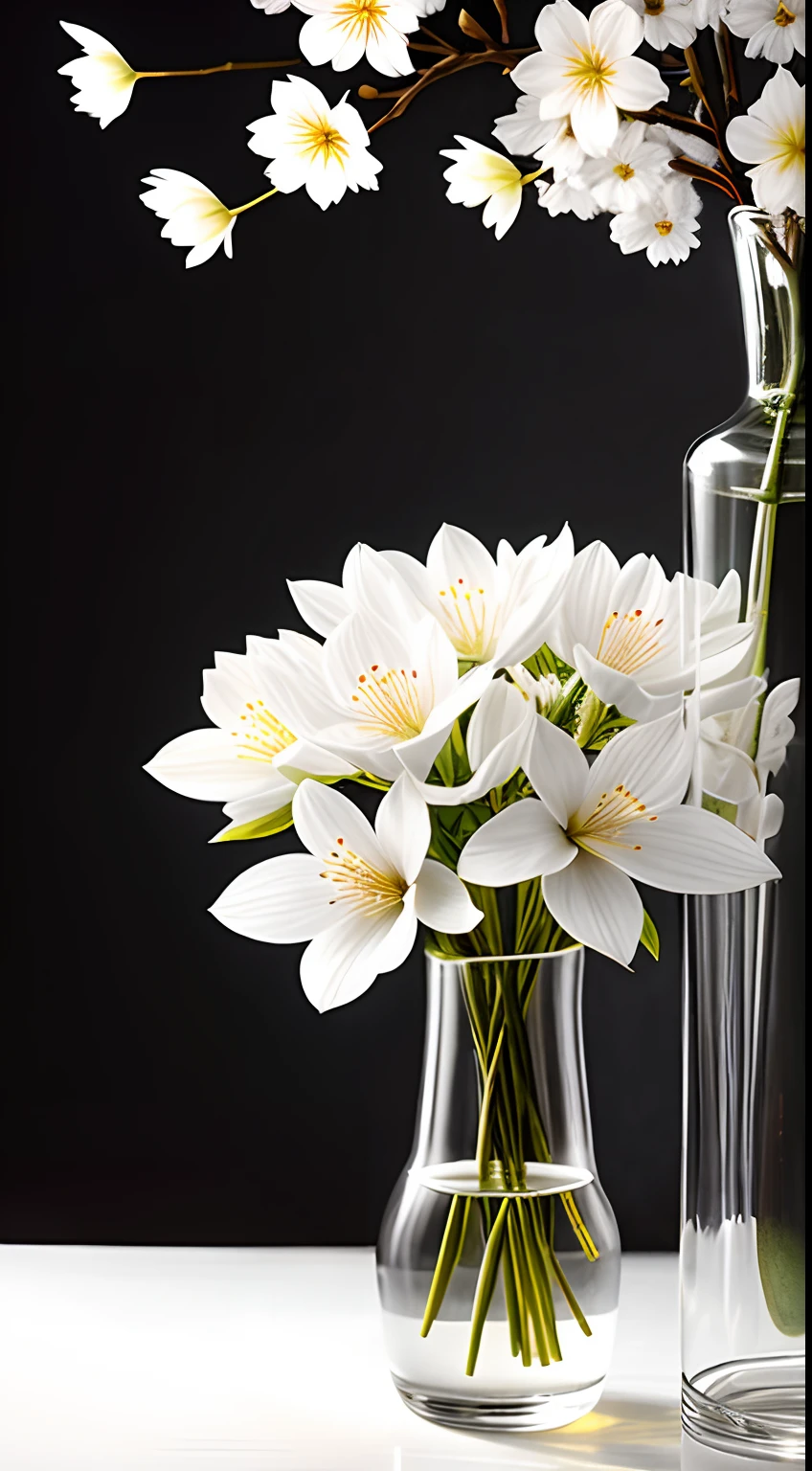 A bouquet of white plum blossoms, ultra-transparent, holy light, beautiful spectral light, dew on petals, twinkle, morning background, transparent droplets, reflected light, bright, light flowing inward, optical, portrait silhouette, sharp focus, magical, intricate, surrealism, fantasy, composition, light, art station trend, pearl, silver patronus cloud pair, caustic surround ray family 16k, ureal ar 23v4 uplight