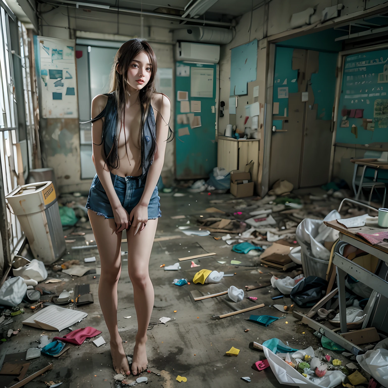 best qualtiy，tmasterpiece，Abandoned classrooms，Garbage all over the ground，18 years old beautiful girl，Sexy standing pose，full-body portraits，Slim legs，very beautiful long slim legs，The barefoot，(((Random nudity)))，exhibitionists，Random exposure of genitals，face to the viewer