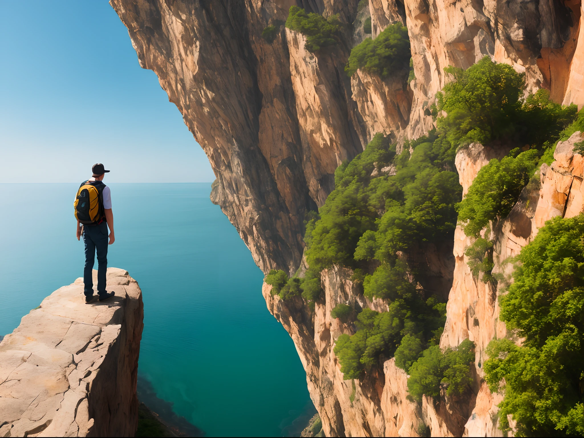 A man stands on a cliff with stunning scenery