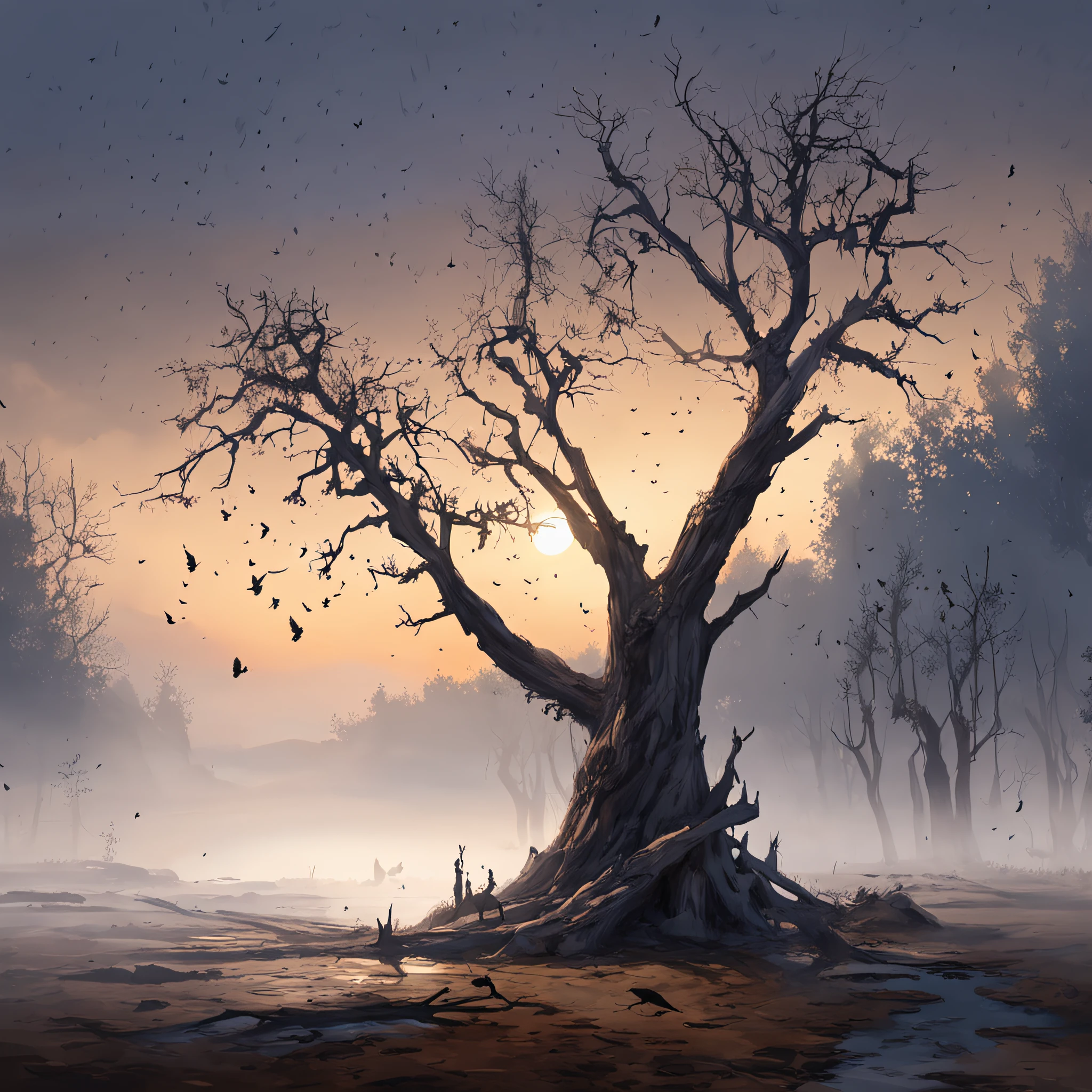 Two crows on a dead tree, A shadow shaped like a walker, Starry night, Thick fog on the ground, Blue light on the horizon, Unreal Engine 5, Cinematic, low angle photography, Motion blur, Depth of field, Dust, Cobblestones and dirt. Splash Art, dripping paint. Perfect color grading. Influenced by Karel Appel and Jeremy Mann, Full of dramatic and threatening scenes, Hyper-detailed, Beautiful, insanely details, Intricate details, editorial photography, shot with a 50mm lens, Depth of field, Tilt Blur, Shutter speed 1/1000, f/22. Lightmaps, Super bright