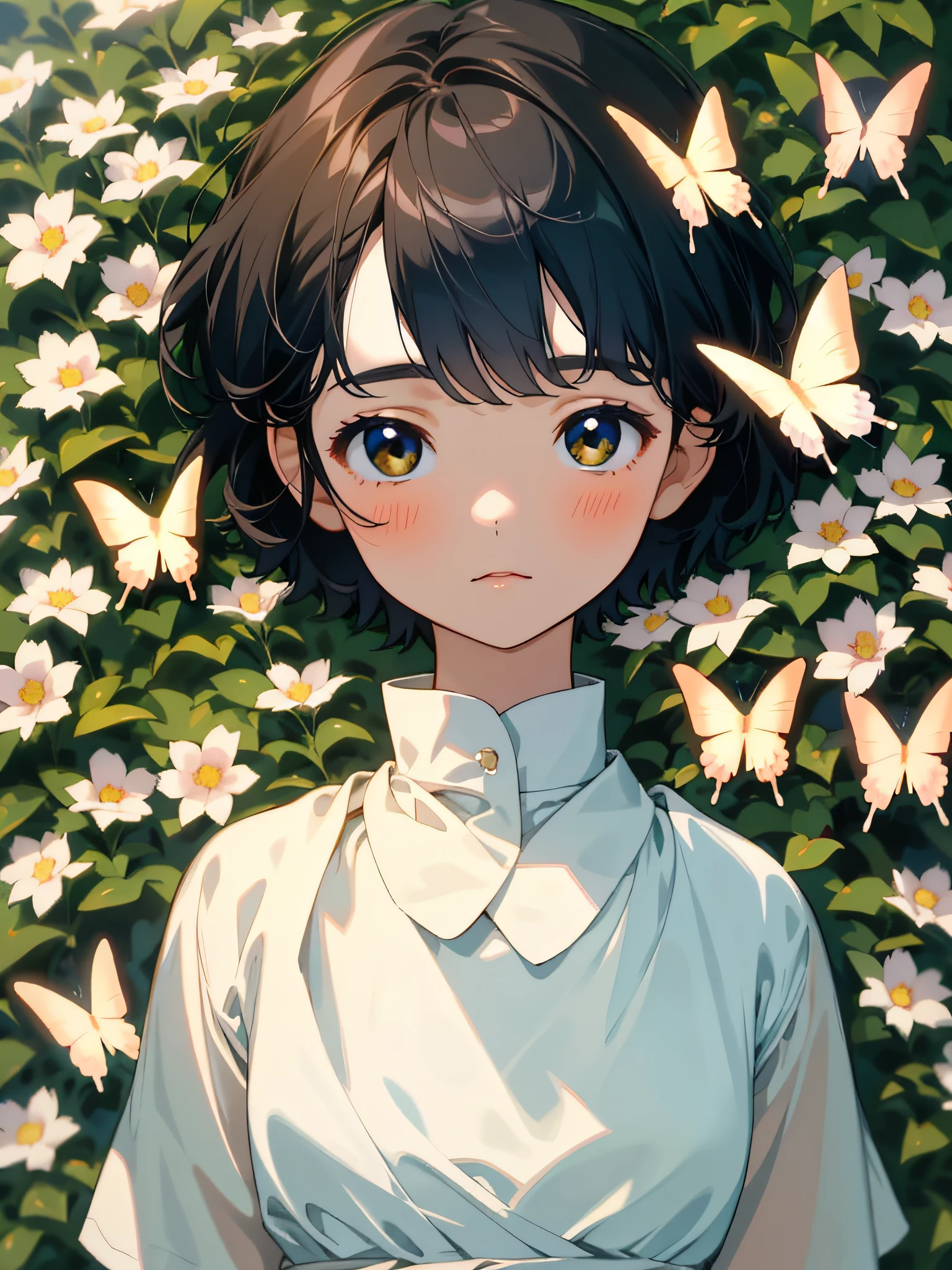 A beautiful and delicate girl with Kai's beloved portrait, Short hair like a boy, Black hair, (Highest quality, Masterpiece, Super real), Soft and peaceful expression, The landscape in the background is a garden,Flowering bushes and butterflies fly around.