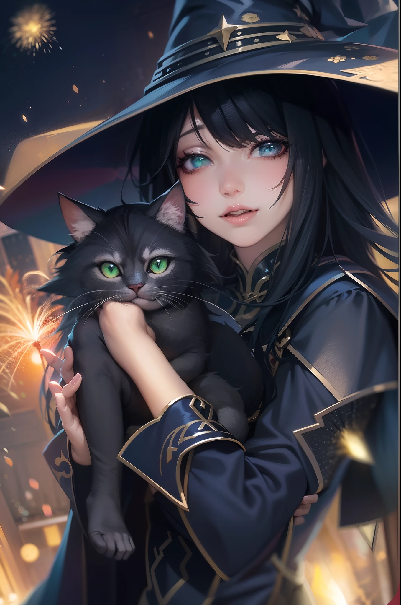 Witch with cat and fireworks in the background, black - haired mage, Seductive Anime Girl, Green eyes, flirty anime witch casting magic, ArtGerm. Anime Illustration, very detailed Artgerm, pretty sorceress, range murata and artgerm, beautiful alluring anime woman, beautiful sorceress, ArtGerm on ArtStation Pixiv