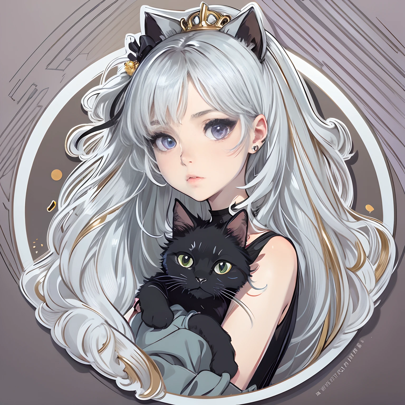 Sticker, Cute anime girl head, long layered silvery white hair,Light purple eyes,pouty,Black dress,Black princess dress,Holding a black cat,in circle, White background, Gold border,Simple, Ultra detailed, Detailed drawing, vectorised, Silhouette, 8K, professional sticker design, Flat design, Vector lines, Sticker, Drawing, Drawing, Full-HD