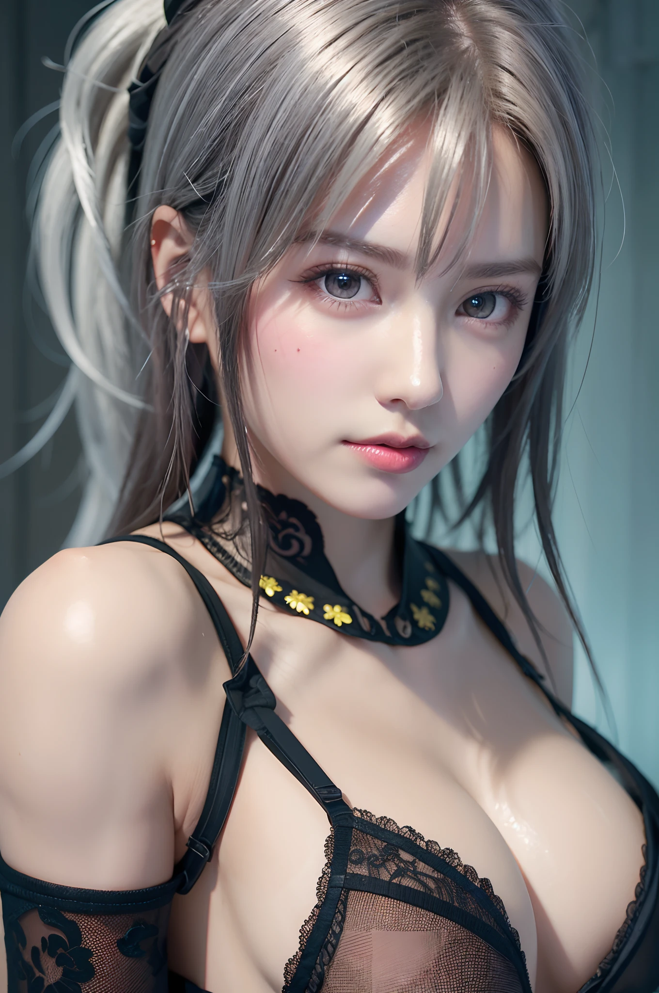 top-quality、8K Masterpiece、超A high resolution、(Photorealsitic:1.3)、Raw photo、女の子1人、silver white hair、glowy skin、1 Cyberpunk Super Beautiful Soldier、((super realistic details))、portlate、globalillumination、Shadow、octan render、8K、ultrasharp、beauty breast、Raw skin is exposed in cleavage、metals、cold color、、highly intricate detail、Realistic light、CGSoation Trends、Beautiful eyes、radiant eyes、Facing the camera、neon details、