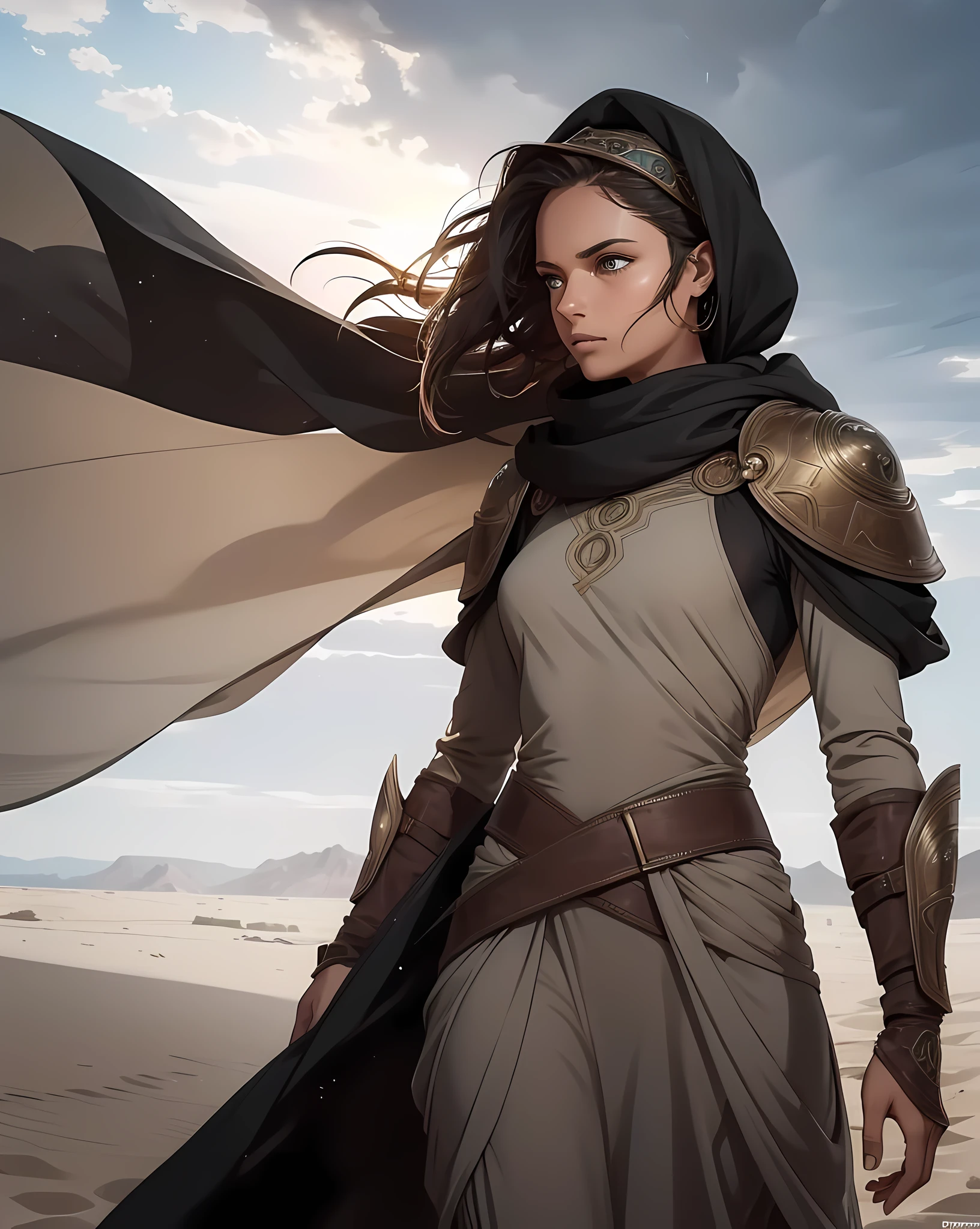 a digital artwork featuring a girl adorned in a meticulously detailed Fremen suit, inspired by Frank Herbert's "Dune." The suit intricately captures the rugged, desert-adapted design, with sand-resistant layers, utility belts, and a headscarf shielding her from the relentless storm. She stands resolute amidst a desert tempest, sand swirling around her as the storm rages. The artwork employs a realistic style, emphasizing the rich texture of the suit and the dramatic interplay of light and shadow in the storm's chaotic embrace