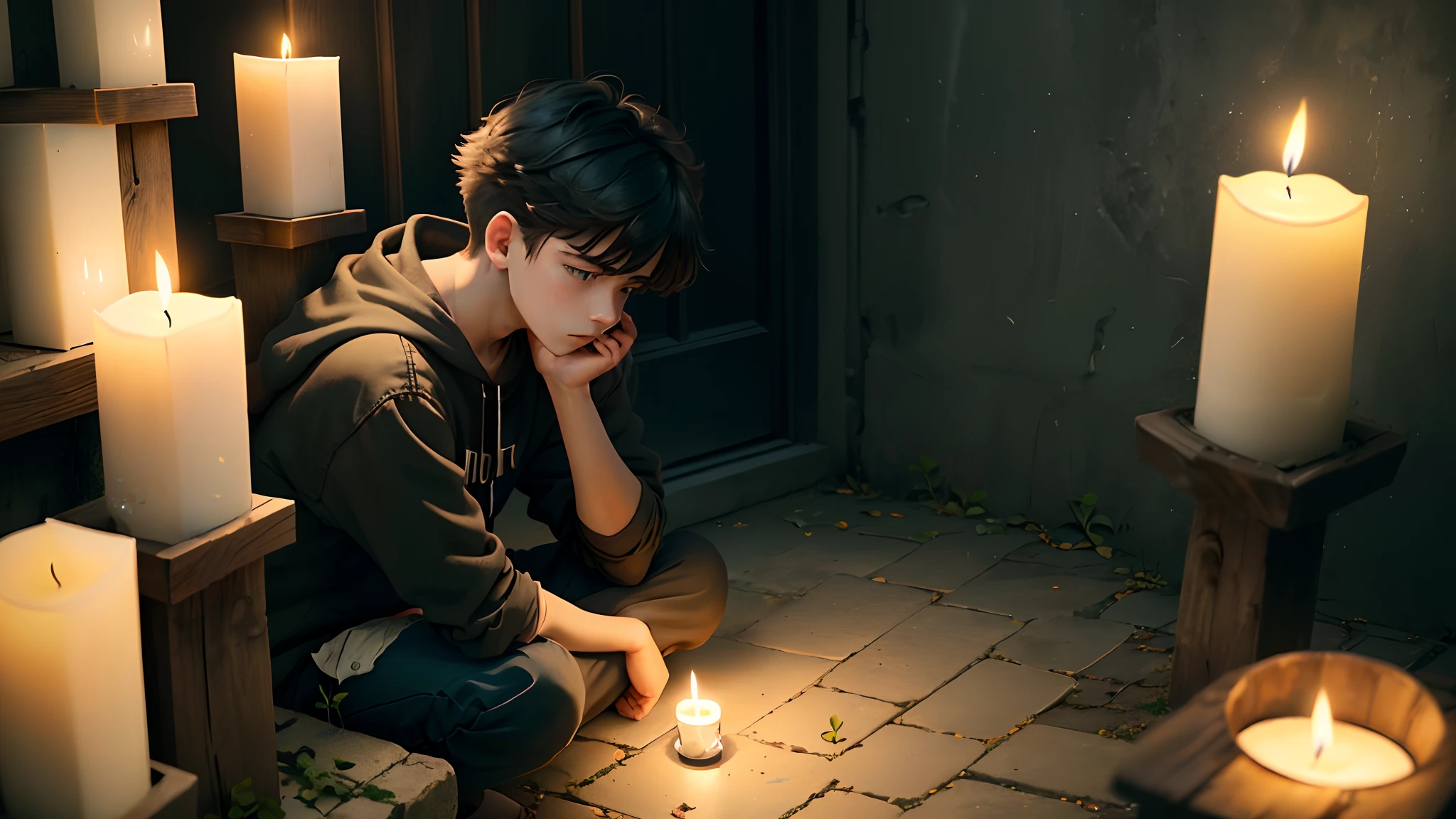 The boy sat alone and confused on the ground，A little candlelight illuminates，with black background，Longing for salvation，Pessimistic anime color