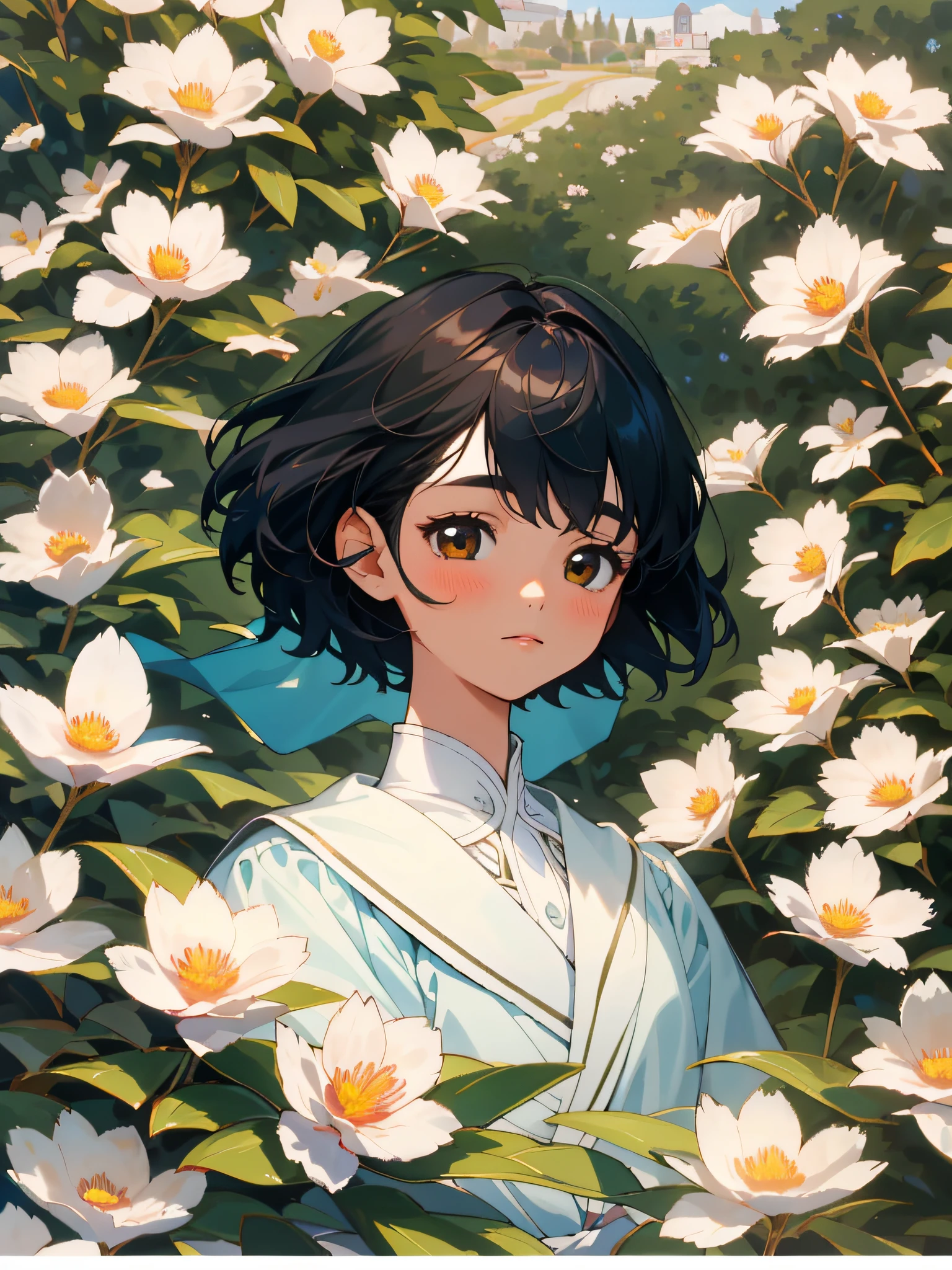 A beautiful and delicate girl with Kai's beloved portrait, Short hair like a boy, Black hair, (Highest quality, Masterpiece, Super real), Soft and peaceful expression, The landscape in the background is a garden,Flowering bushes and butterflies fly around.