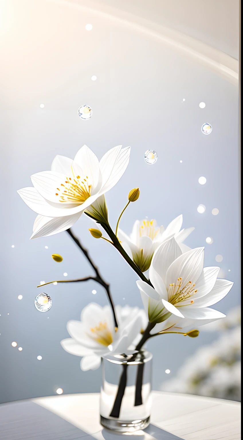 A bouquet of white plum blossoms, ultra-transparent, holy light, beautiful spectral light, dew on petals, twinkle, morning background, transparent droplets, reflected light, bright, light flowing inward, optical, portrait silhouette, sharp focus, magical, intricate, surrealism, fantasy, composition, light, art station trend, pearl, silver patronus cloud pair, caustic surround ray family 16k, ureal ar 23v4 uplight
