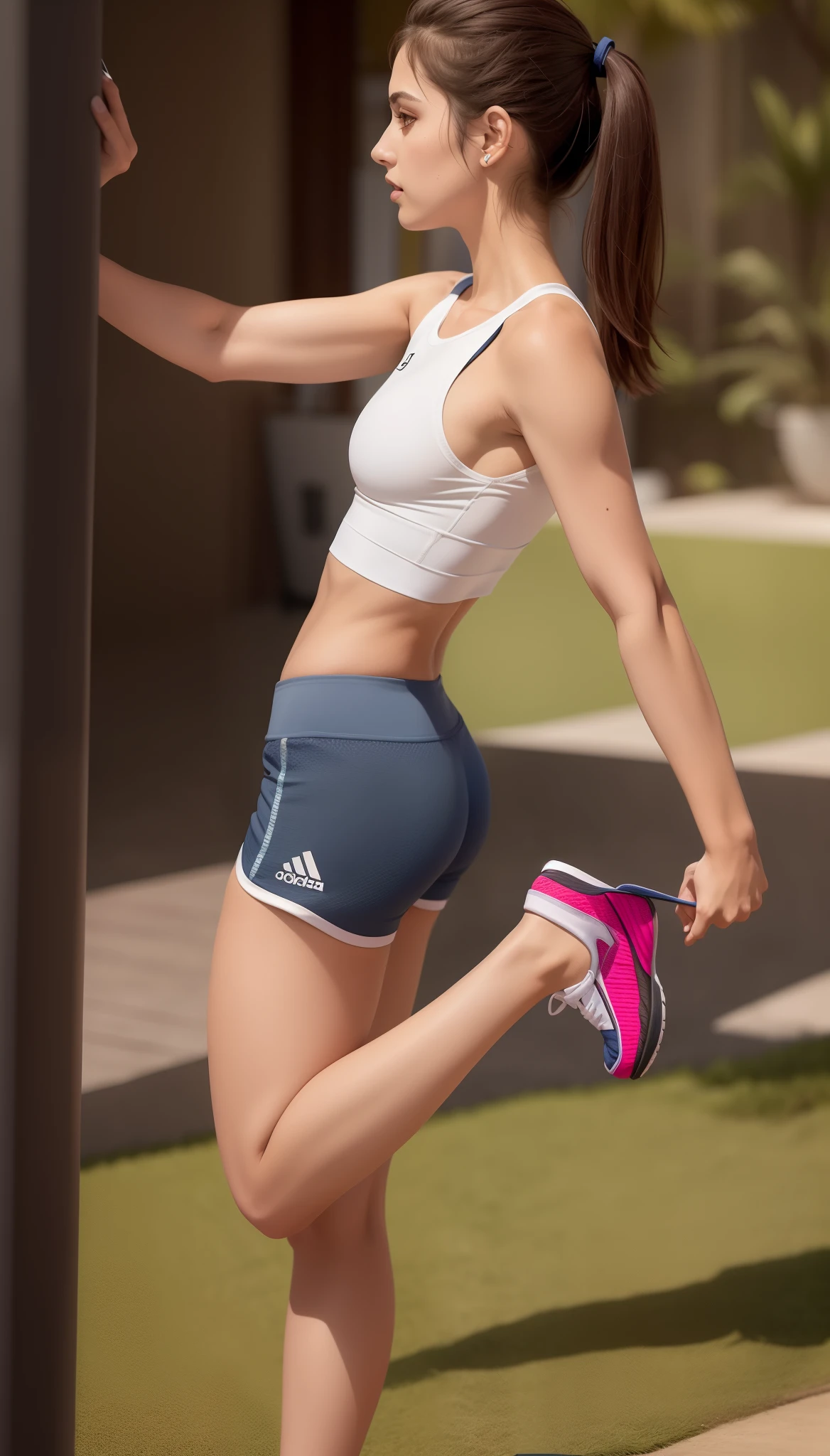 Mulher linda de top branco e bermuda cinza encostada em um poste, foto fit, em forma, pernas tonificadas, mulher em forma, sporty physique, corpo em forma, pernas fortes, sport bra and shorts, pernas finas bonitas, corpo tonificado, legs and arms, usando equipamento de fitness, Encaixe figura delicada, sport bra and dark blue shorts, tiro na perna e no quadril