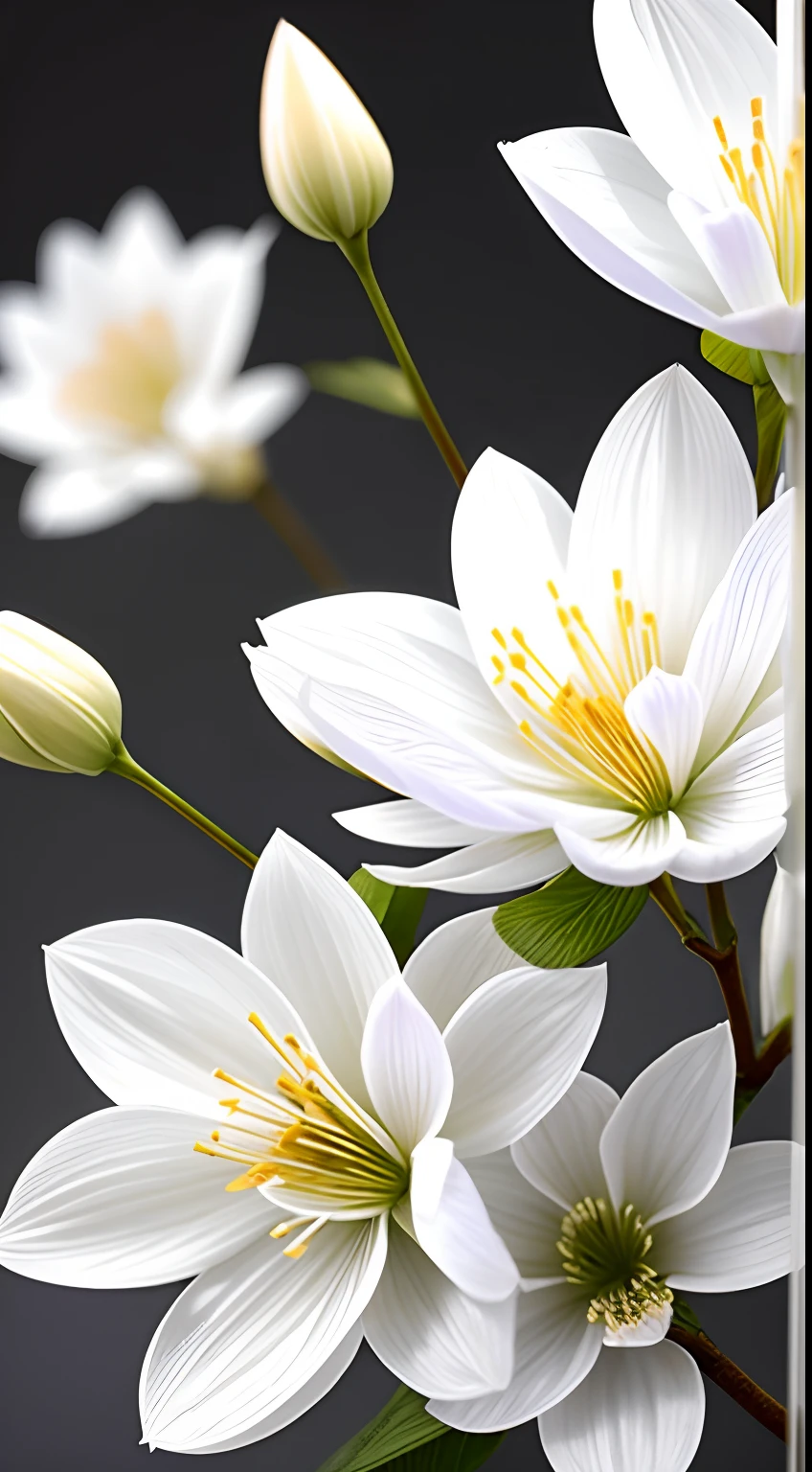 A bouquet of white plum blossoms, ultra-transparent, holy light, beautiful spectral light, dew on petals, twinkle, morning background, transparent droplets, reflected light, bright, light flowing inward, optical, portrait silhouette, sharp focus, magical, intricate, surrealism, fantasy, composition, light, art station trend, pearl, silver patronus cloud pair, caustic surround ray family 16k, ureal ar 23v4 uplight